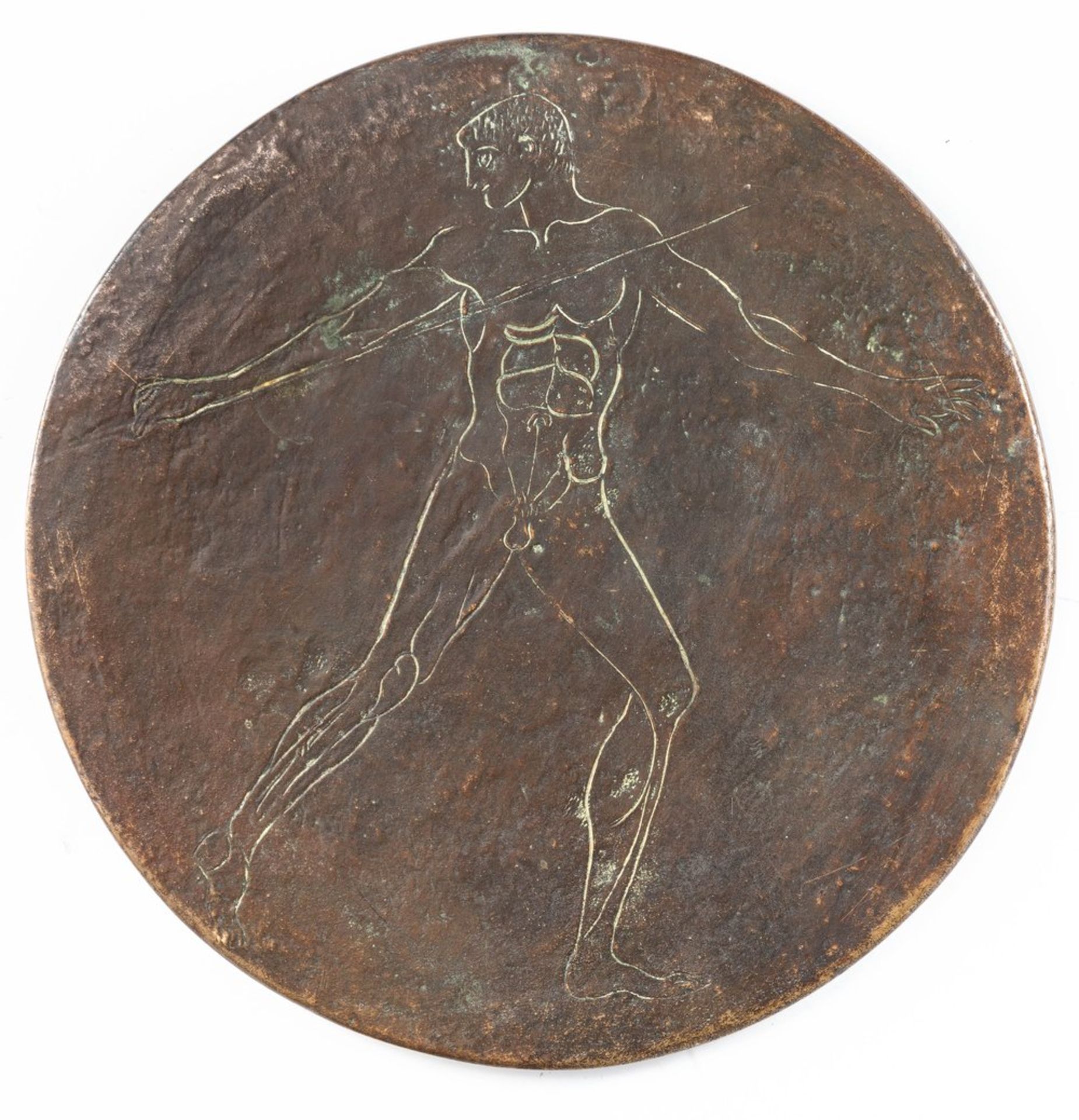 Bronze-Diskusmit eingekratztem Speerwerfer bzw. Athlet. Antikenkopie nach dem Original i