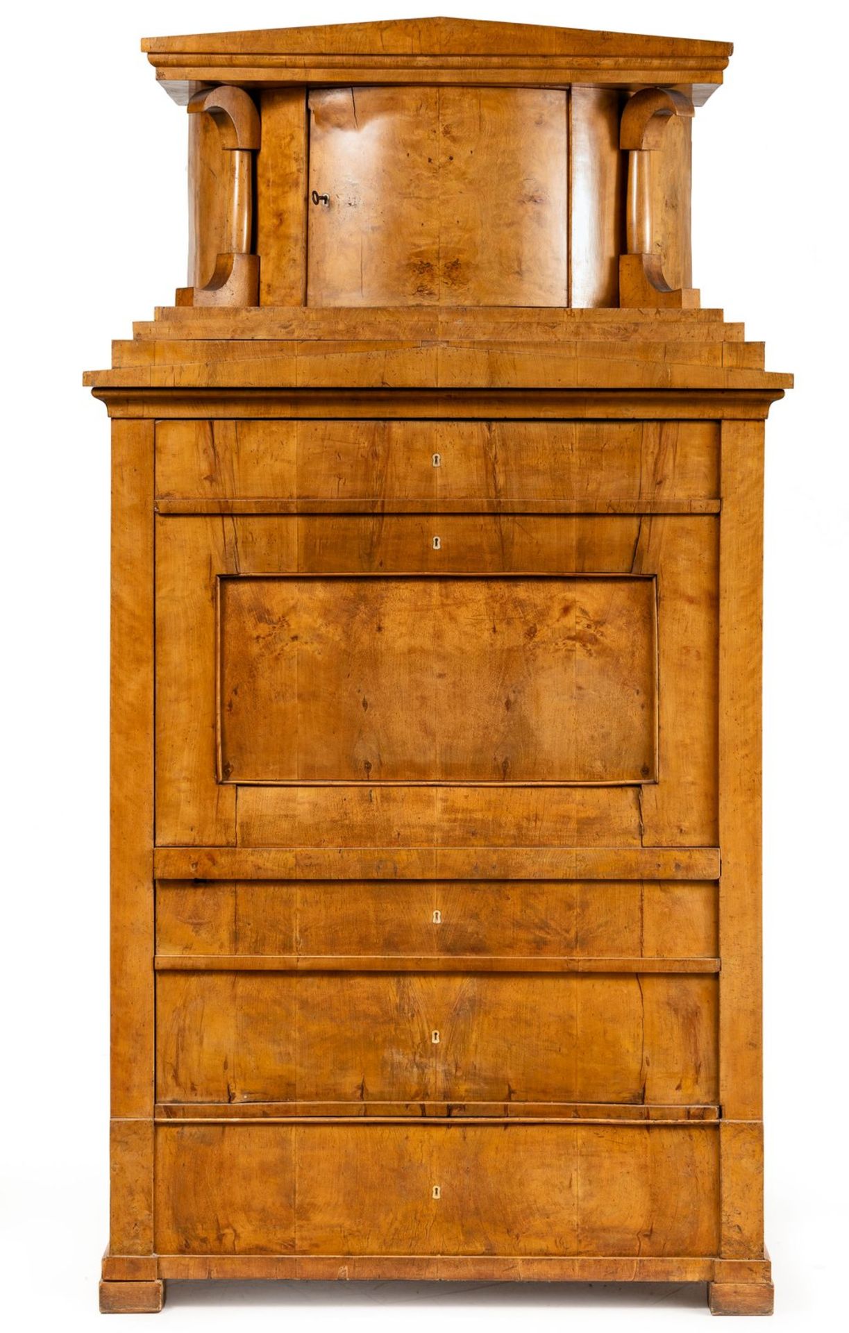 Biedermeier-Aufsatzschrank in SekretärformNorddeutsch, um 1820Birke. Zweiteiliger Ko