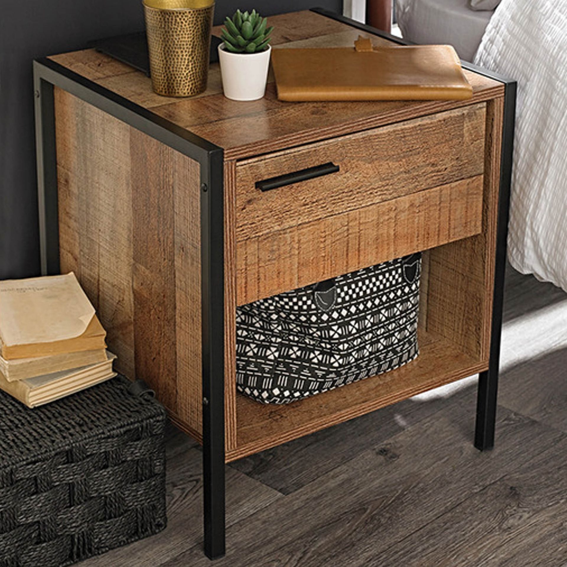 Vintage Wood/Black Hoxton Bedside Cabinet - RRP £69.99