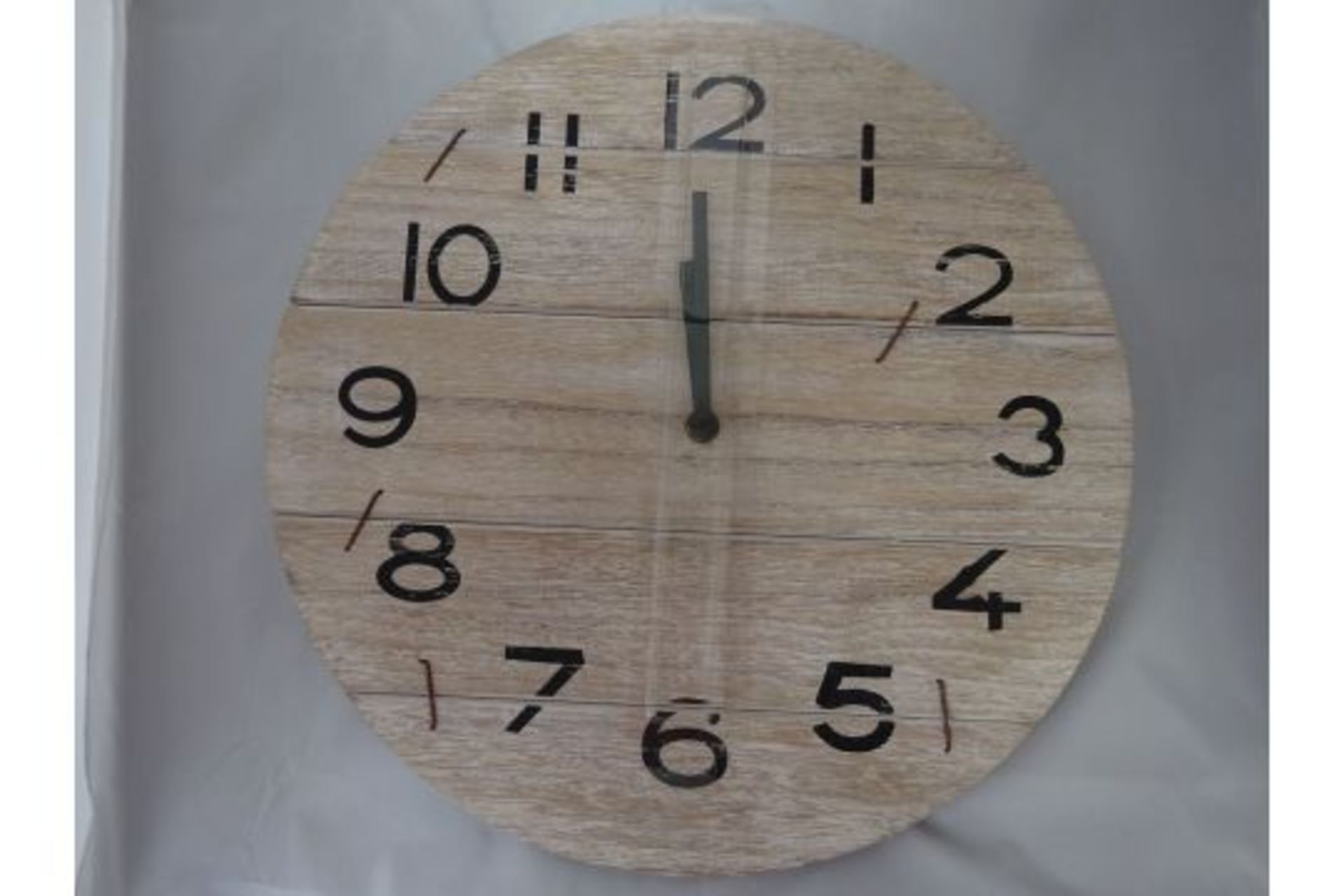 NEW BOX OF X8 WOODEN WHITEWASH WALL CLOCKS IN ORIGINAL PACKAGING - Image 2 of 2
