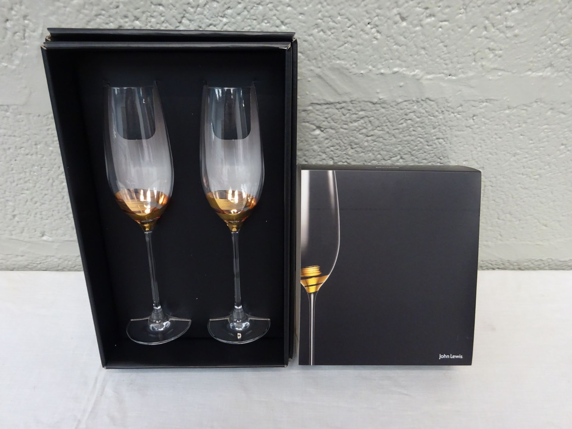 Brand New Set of 2 John Lewis Crystal Glass Champagne Flutes With Gold Detailing.