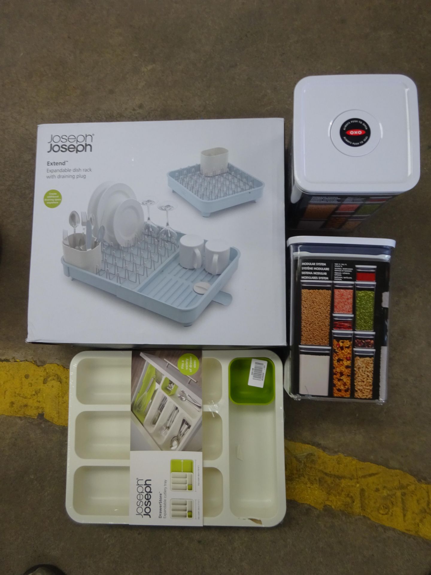 x 2 Oxo plastic containers - Joseph & Joseph dish rack & cutlery tray - damage to the corner