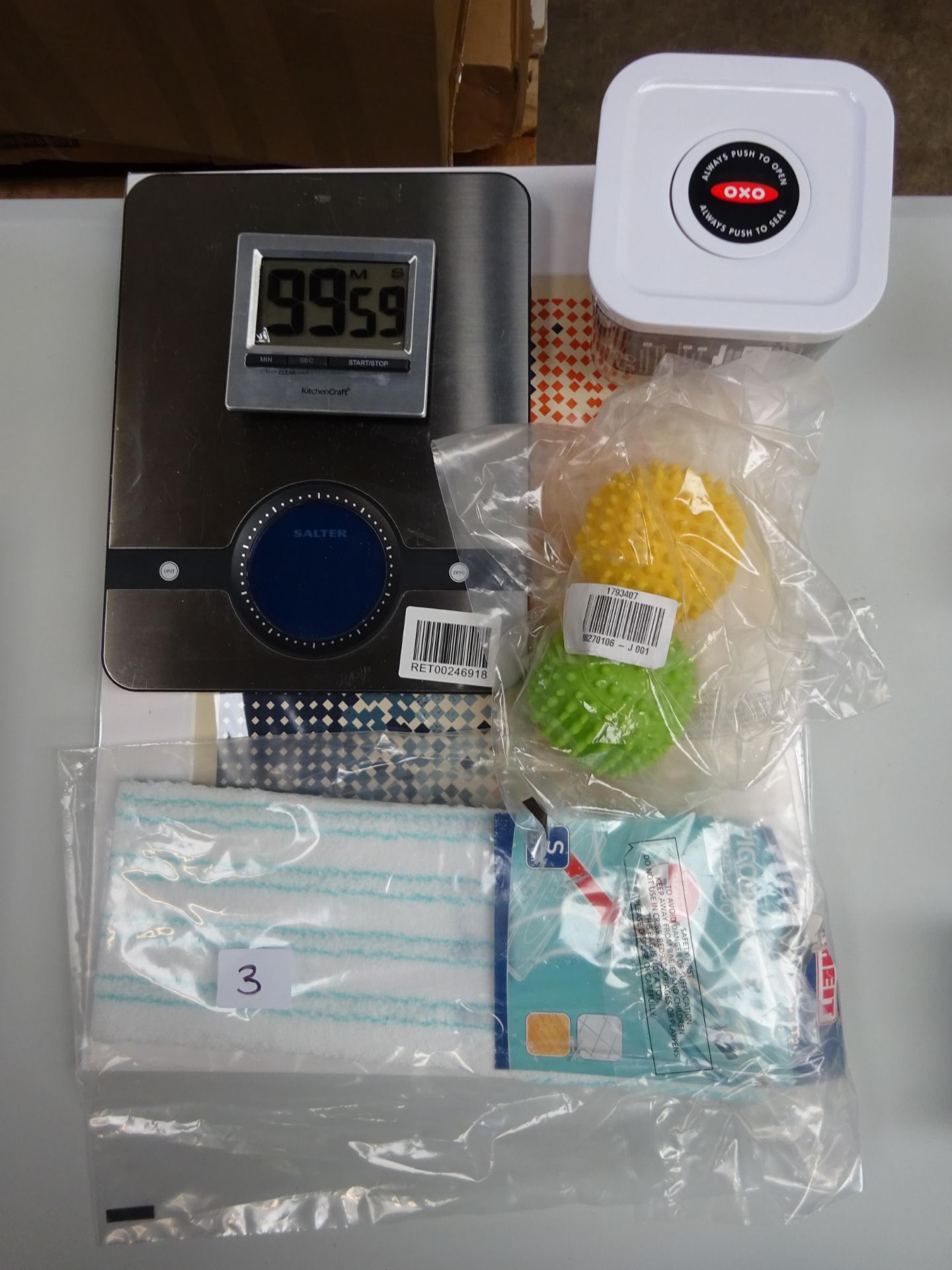 Salter Scales, John Lewis print, kitchen timer, Oxo plastic container & odds