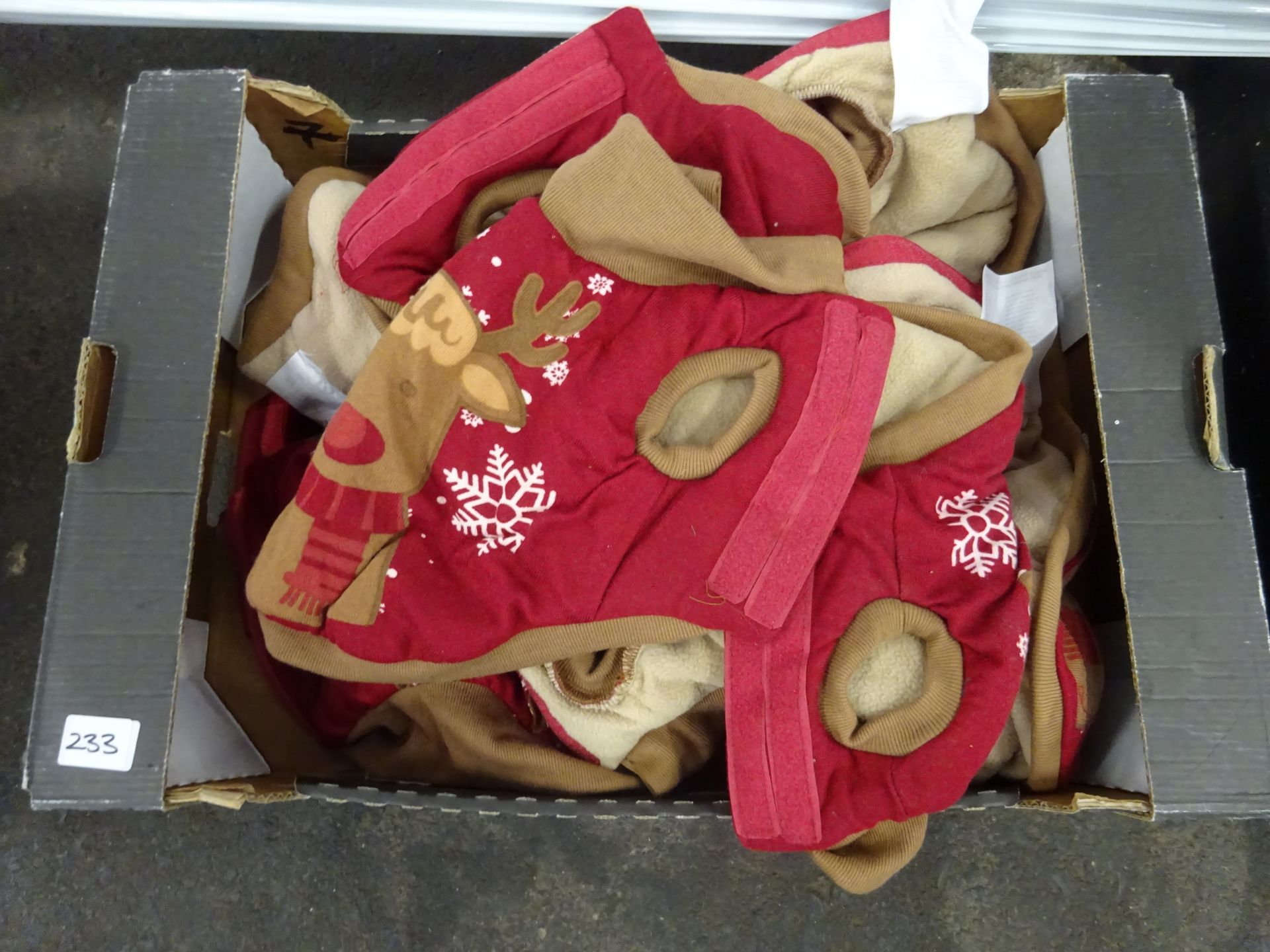 BOX OF APPROX. 12 CHRISTMAS DOG COATS (VARIOUS SMALL SIZES)