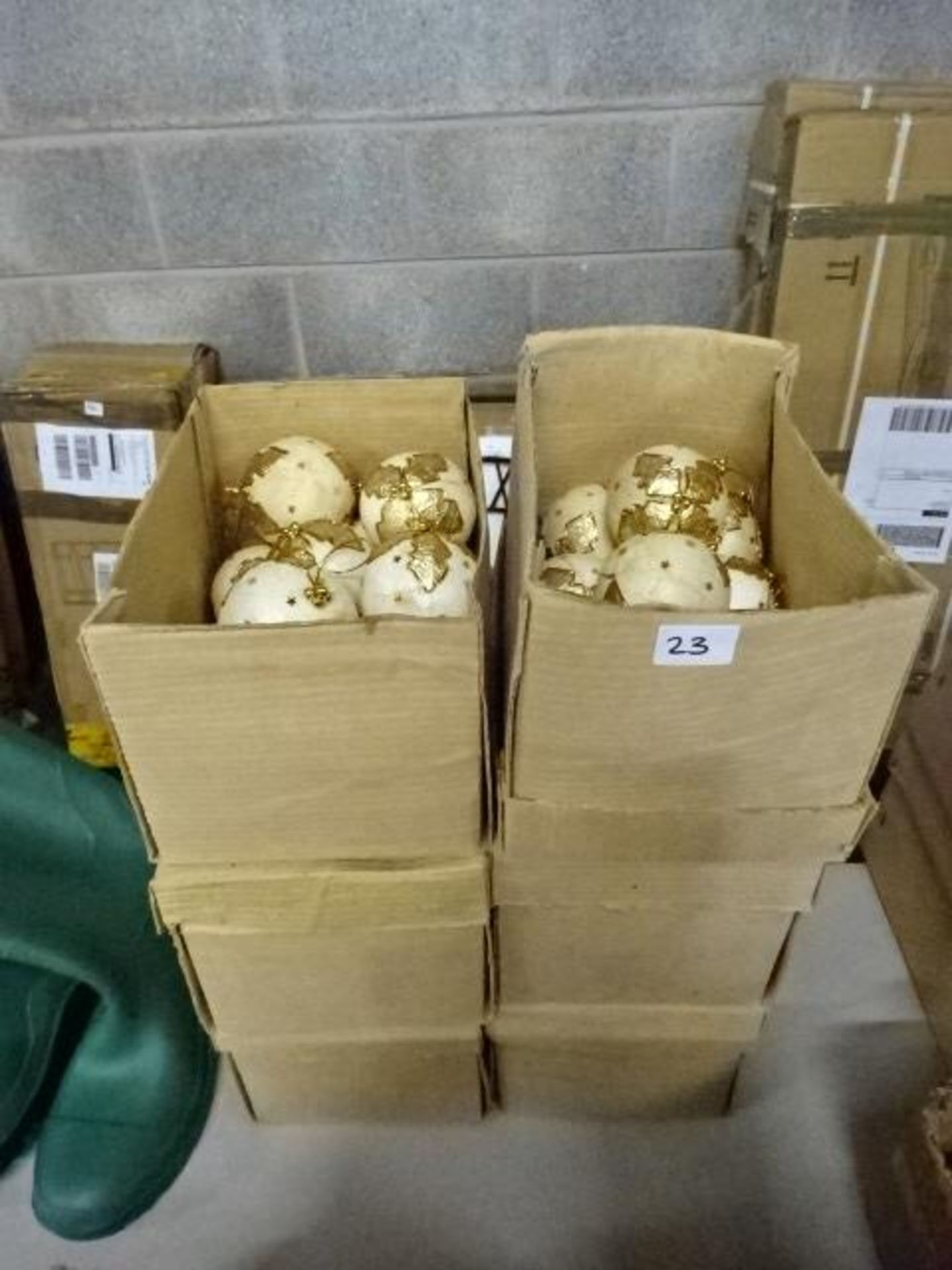 6 BOXES OF NEW VINTAGE GOLD LEAF DESIGN BAUBLES