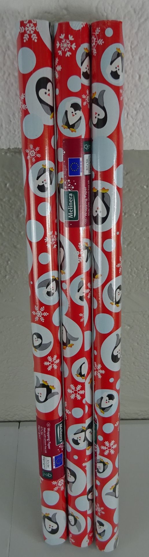 X3 BRAND NEW RED PENGUIN WRAPPING PAPER, PRICE MARKED 99P EACH