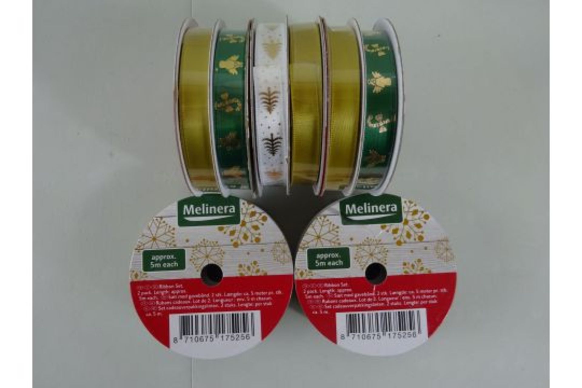 X5 BRAND NEW PACKS OF MELINERA CHRISTMAS RIBBON, 2 DIFFERENT DESIGNS PER A PACK (APPROX 5M EACH)