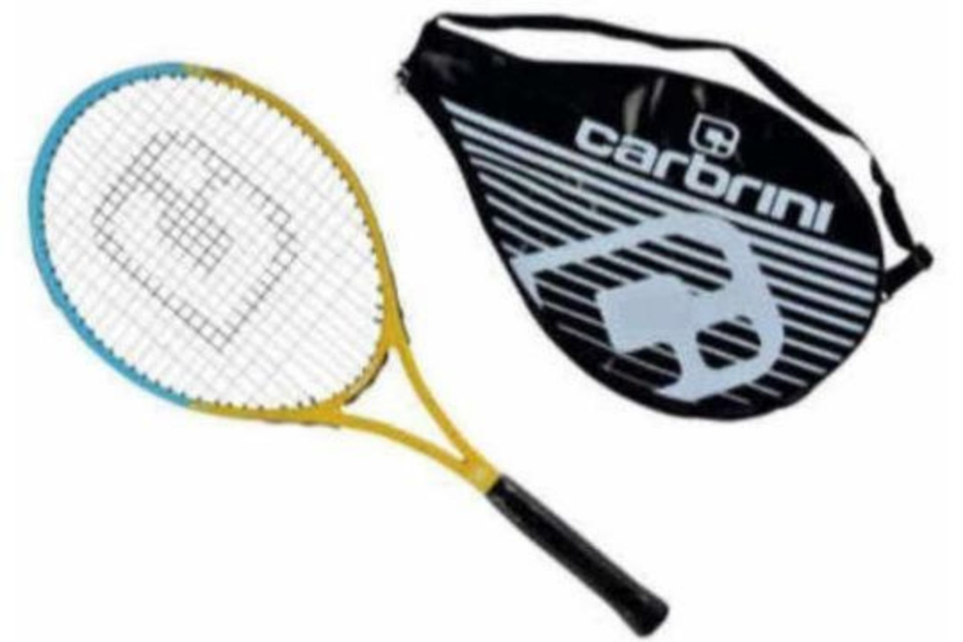 BRAND NEW CARBRINI BLUE AND YELLOW TENNIS RACKET AND CASE