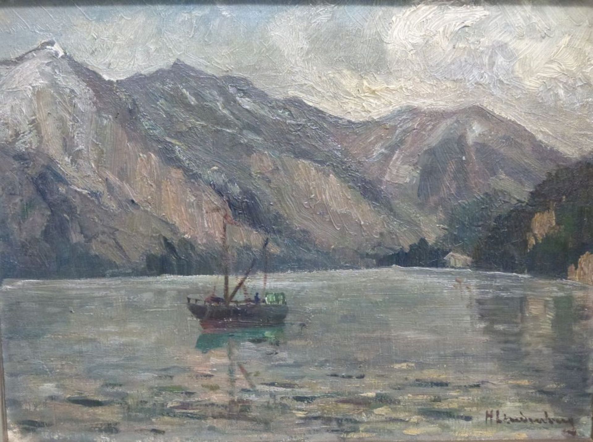 FjordHedwig Lindenberg, 1866 - 1951Öl/Malkarton, sign., Fischkutter in Fjordlandschaft, hohe Berge