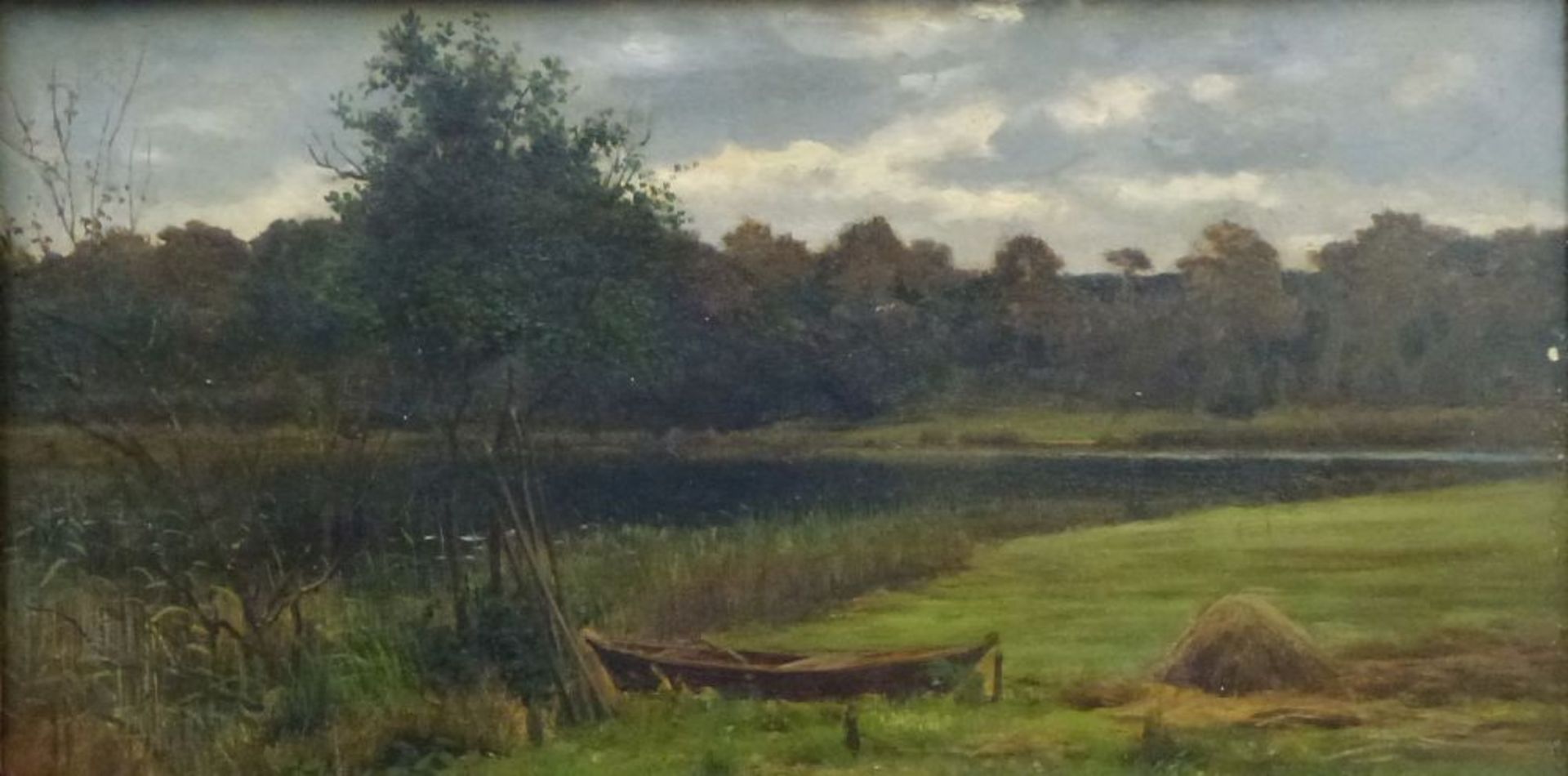Märkische LandschaftKarl Bennewitz von Loefen(?), 1826 - 1895Öl/Platte, Sommerwiese mit Kahn am See,
