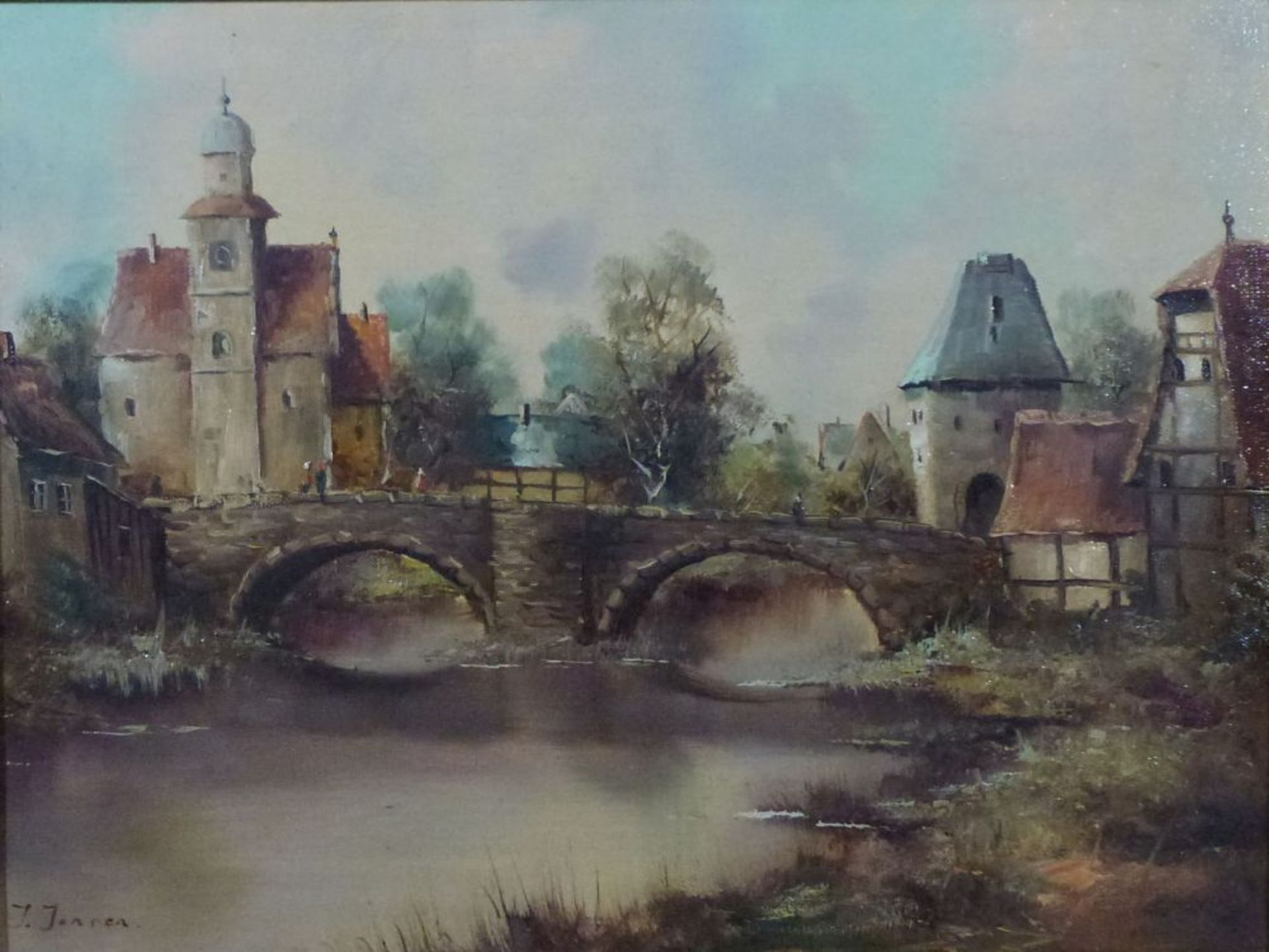 StadtansichtÖl/LW, sign. J.Jansen, Blick über Fluss auf mittelalterl. Dorf m. Kapelle, 30x40 cm,