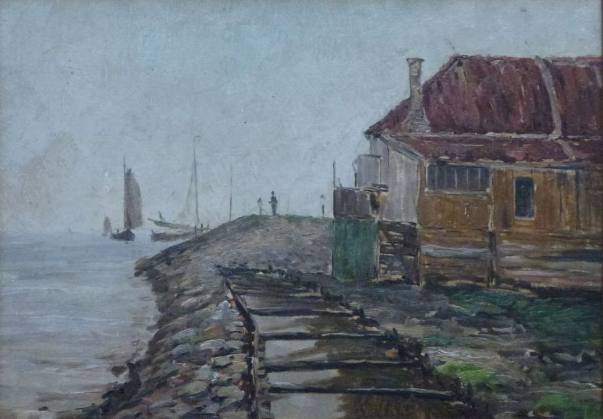 Bootshaus an der KüsteÖl/Platte, unsign., Segelboote an Steg im HG, 31x43 cm, ger.