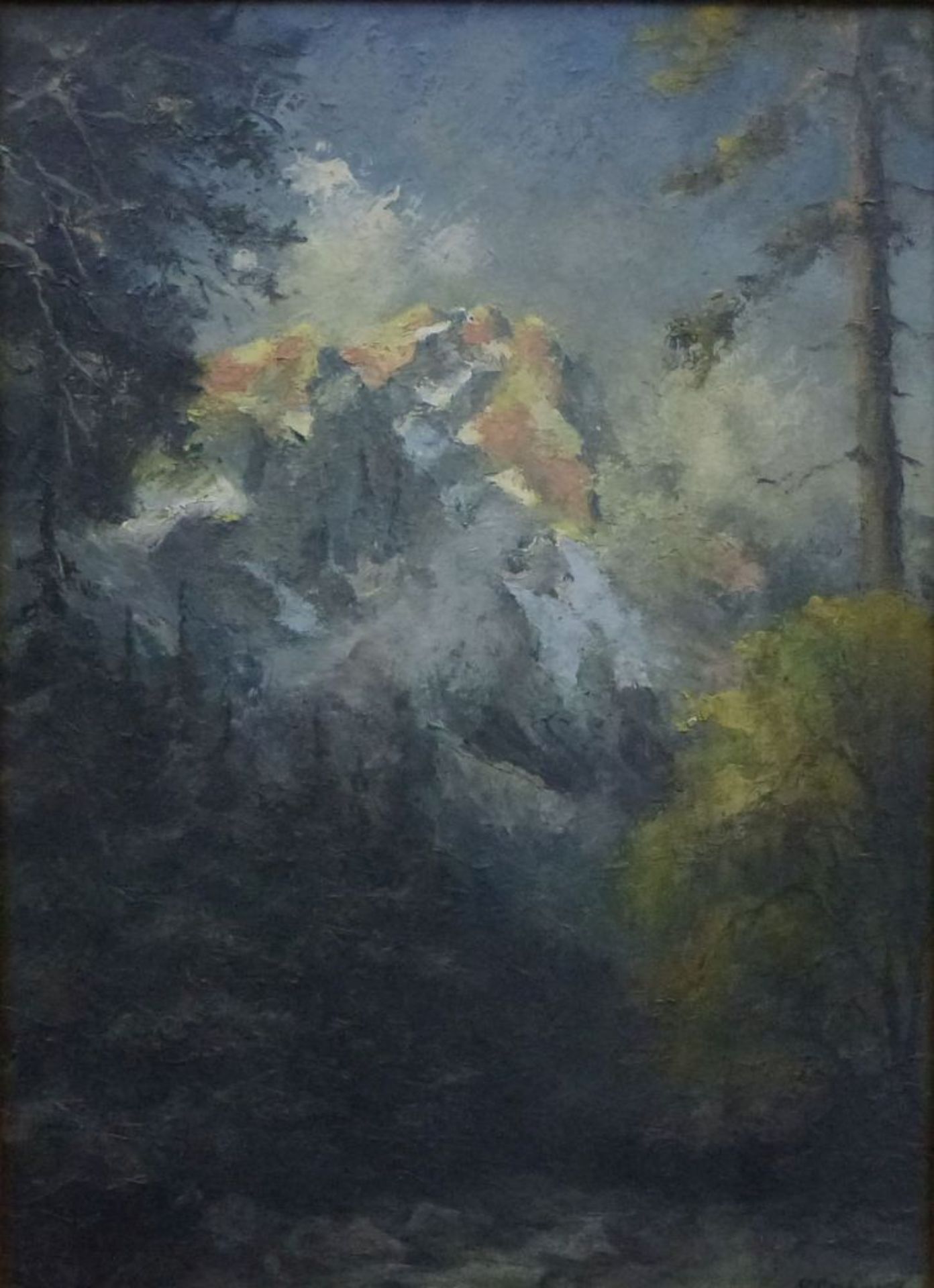 GebirgePaul Ehrhardt, 1888 - 1981Öl/Lw, sign., Blick über Bäume auf Berg, pastose MW, 56x40 cm,