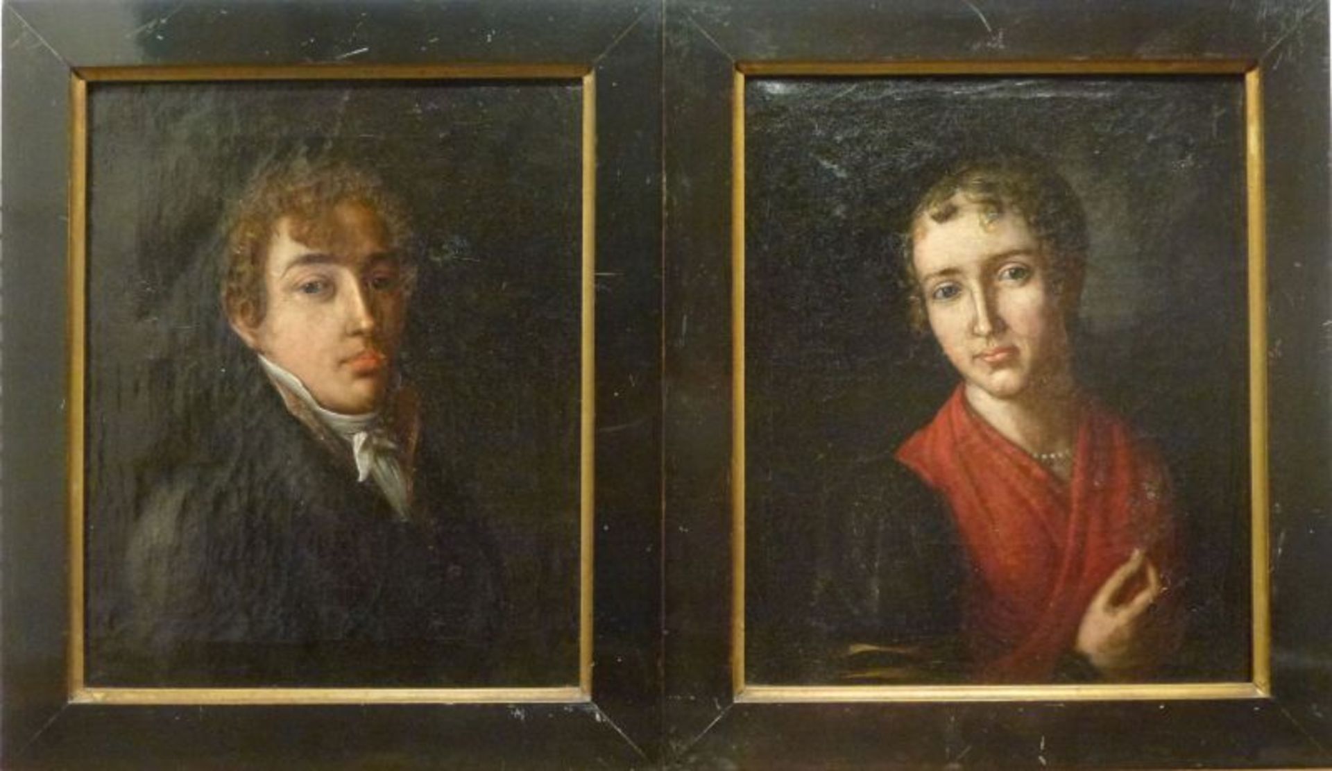 Paar Biedermeier-Portraits, um 1820Öl/Lw, unsign., Brustbildnisse eines jungen Herren in