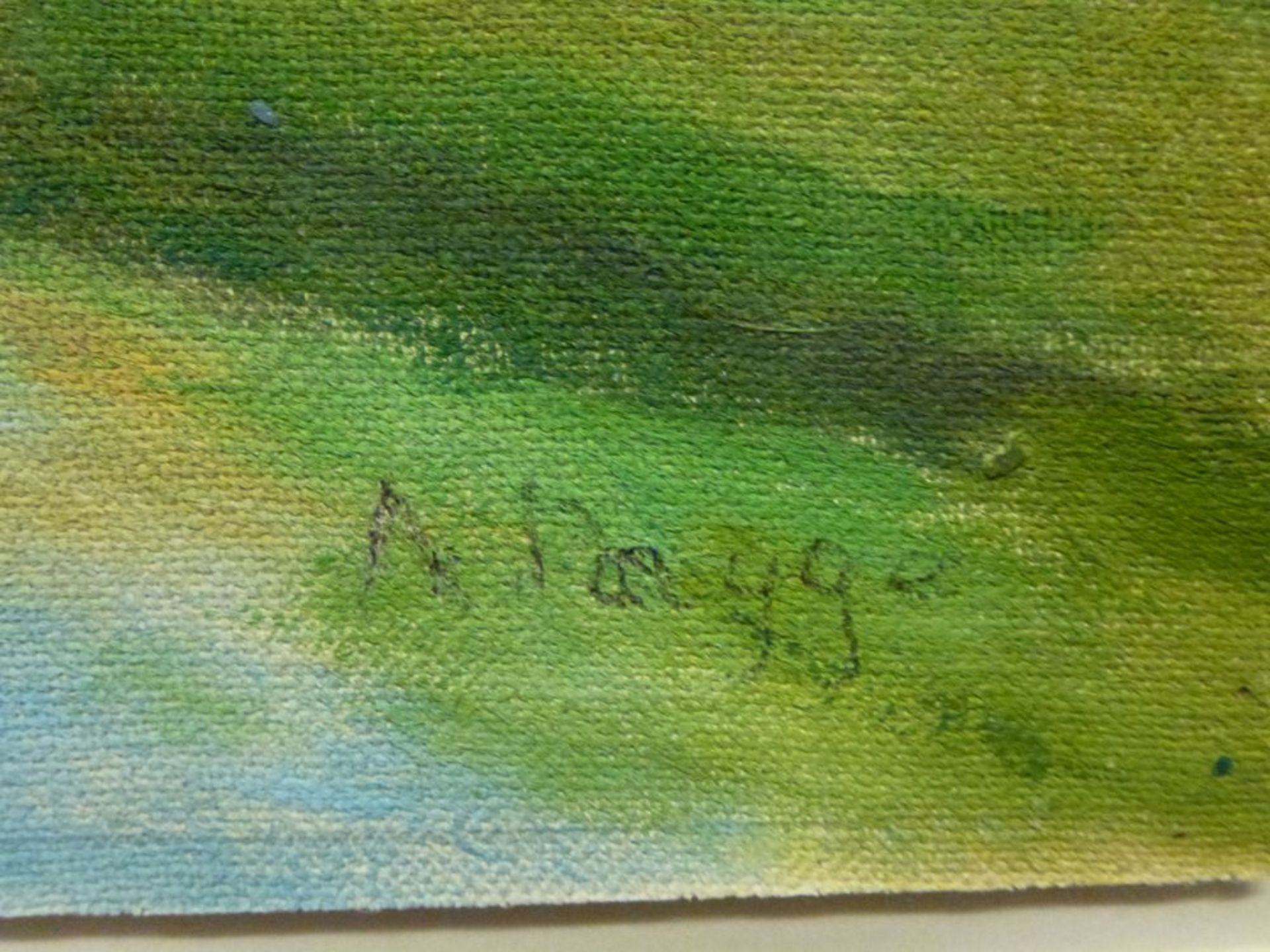 FlussÖl/Lw, sign. A Payge?, Fluss in Wiesenlandschaft, Berge im HG, GR., 24x32 cm - Bild 3 aus 3