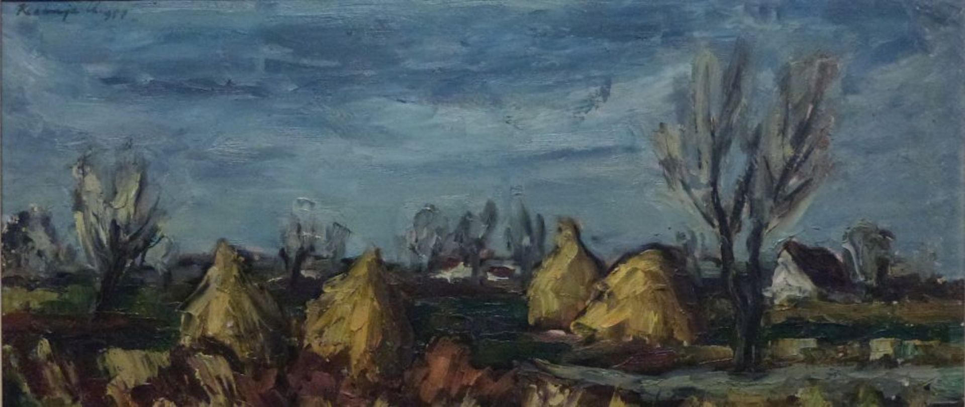 Landschaft, 1957Öl/Platte, undeutl. sign., Heuhaufen zw. Kotten, R, 25x56 cm