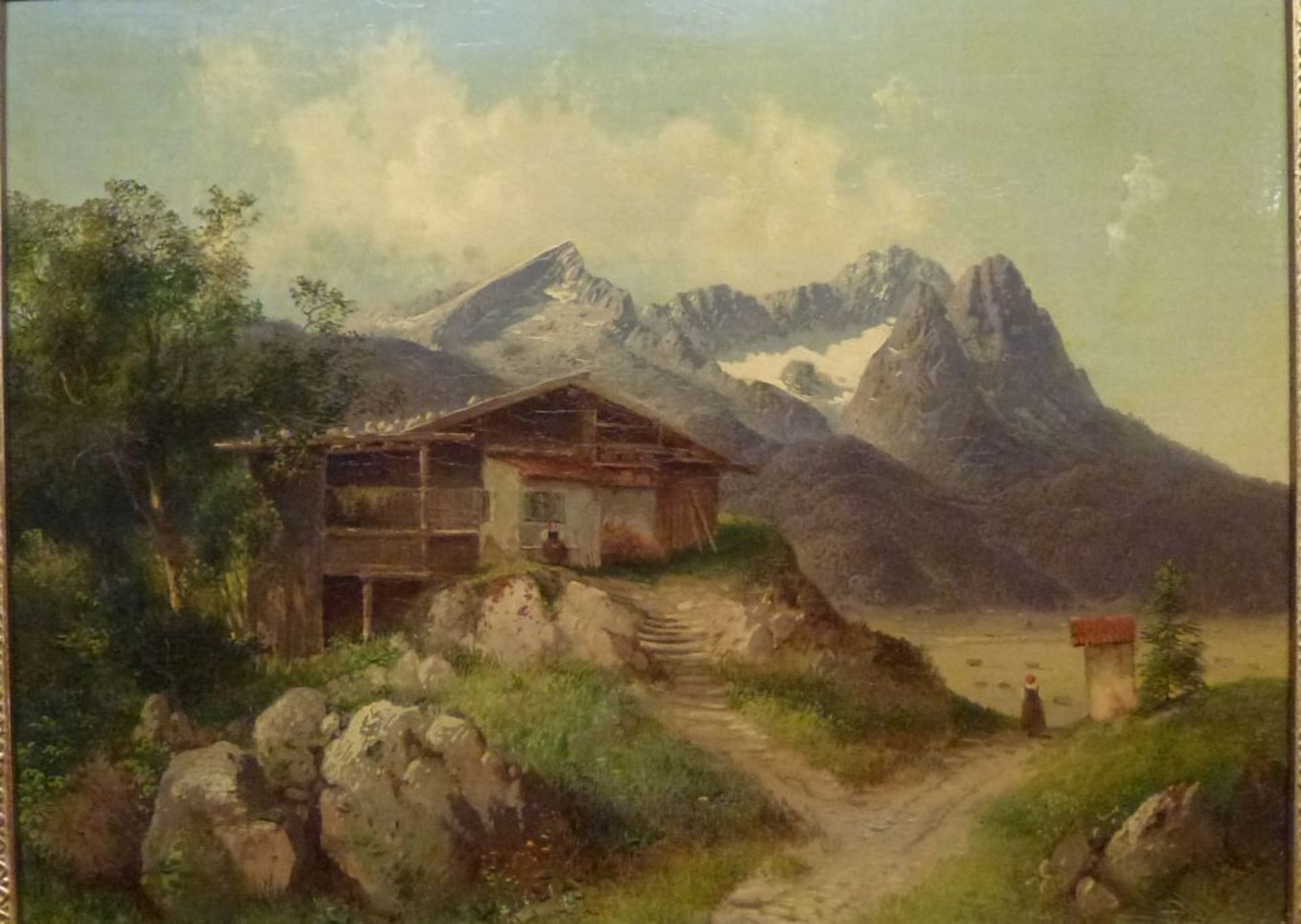 BerghofCarl Haunold, 1832 - 1911Öl/Lw doubl., auf Anhöhe über Hochtal gelegener Hof, Kalkalpen im