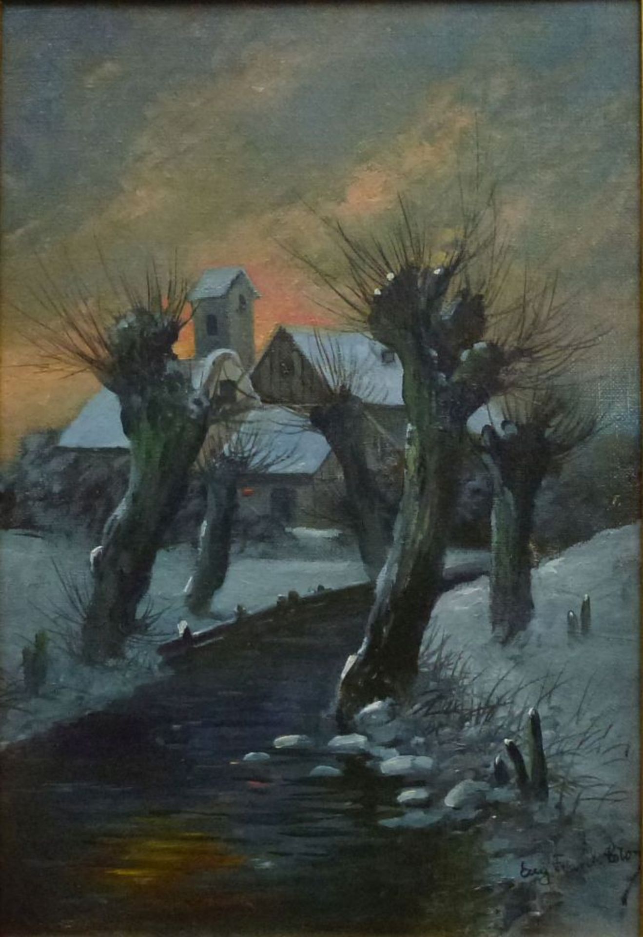 Winter, Eugen Frank-ColonÖl/Lw, sign., Weg zw. Kopfweiden, Hof im HG, R, 36x26cm