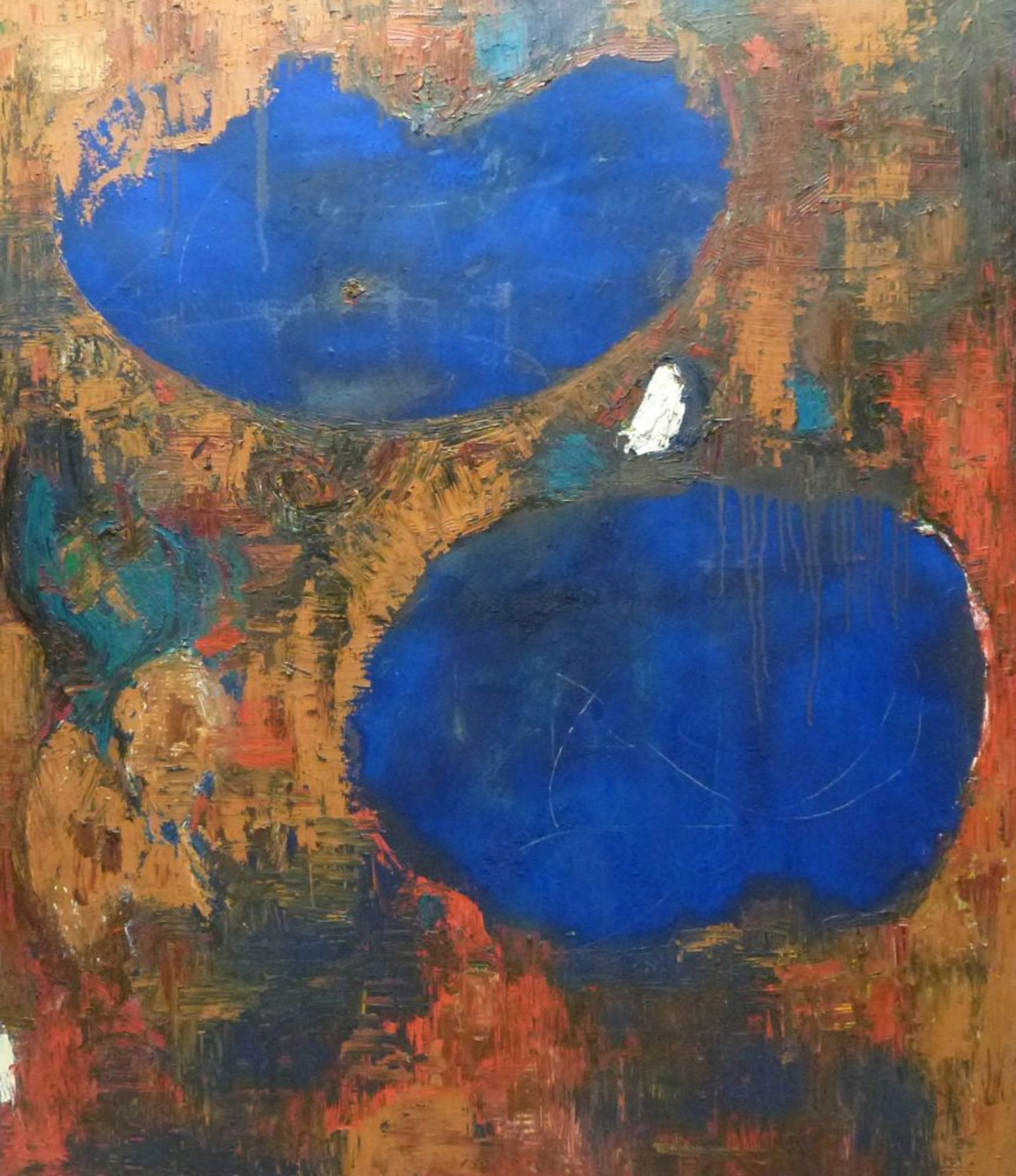 abstrakte Formen, Niggemann, HagenÖl/Lw, sign, 2 blaue große runde Flächen in Orange/Rot, 140x120