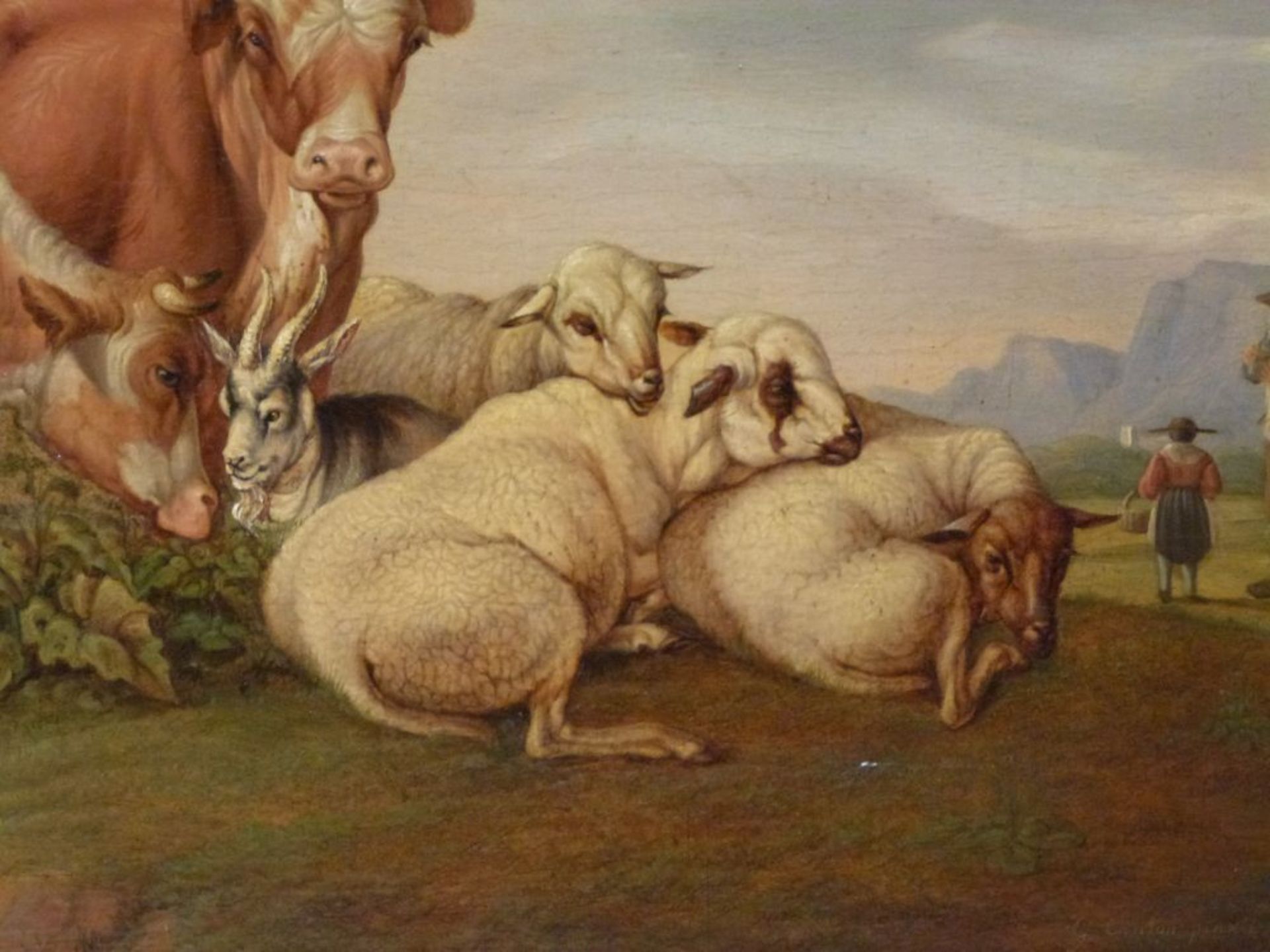 Auf der WeideGustav Jakob Canton, 1813-1885Öl/Eichenplatte, sign. G.Canton pinxit 1833, Kühe, Schafe - Bild 3 aus 7