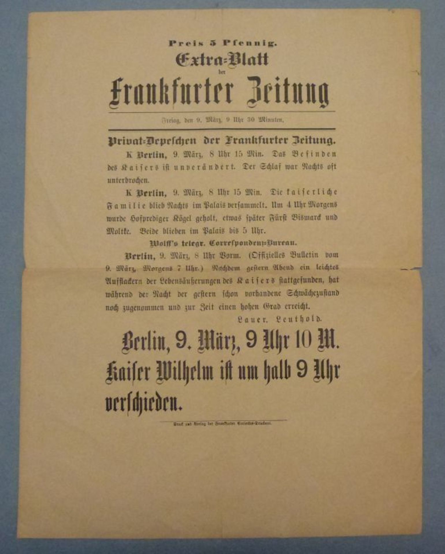 Extrablatt der Frankfurter Zeitung, 9.März 1888Extrablatt zum Tode Wilhelm I., geviertelt, kl.