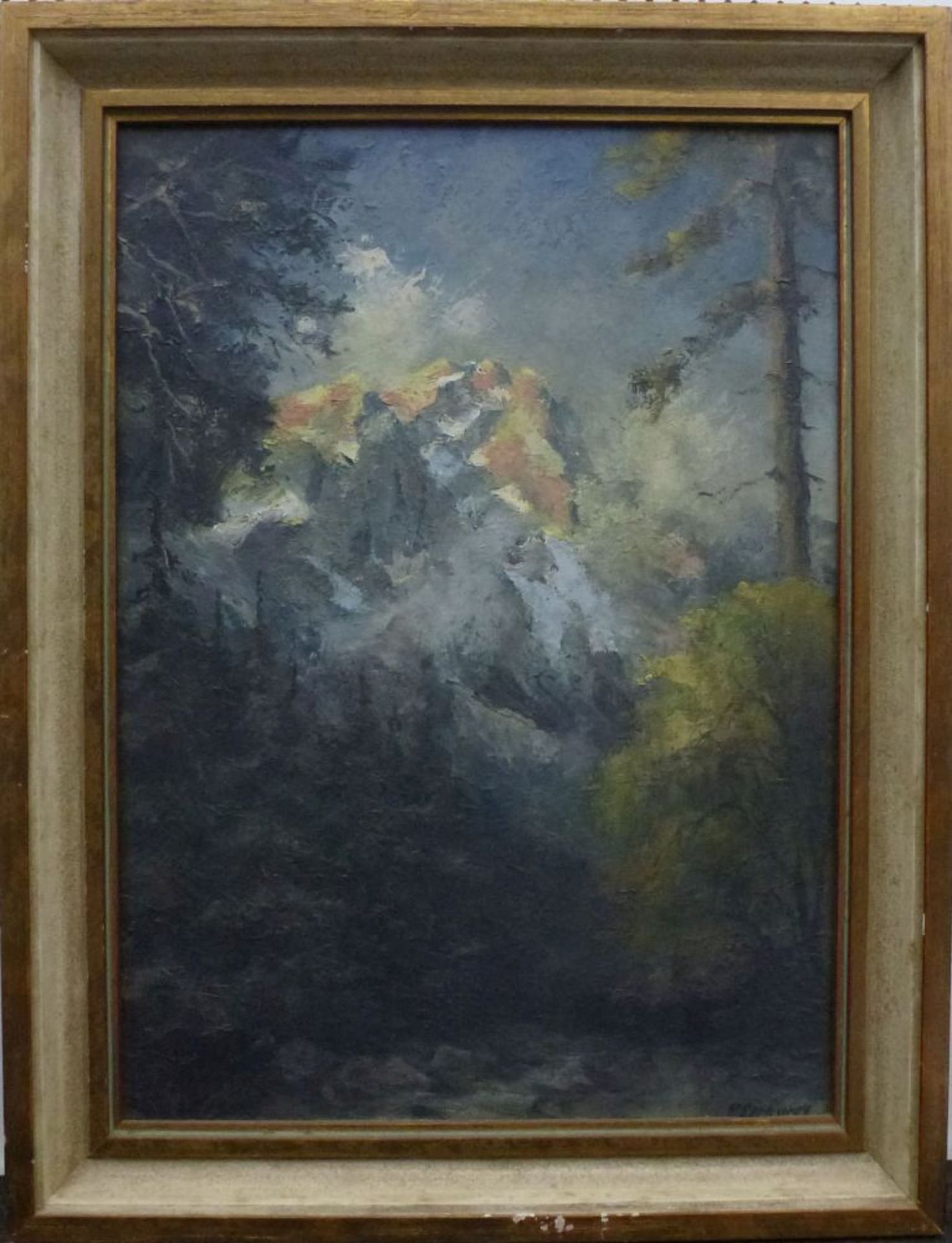 GebirgePaul Ehrhardt, 1888 - 1981Öl/Lw, sign., Blick über Bäume auf Berg, pastose MW, 56x40 cm, - Bild 2 aus 3