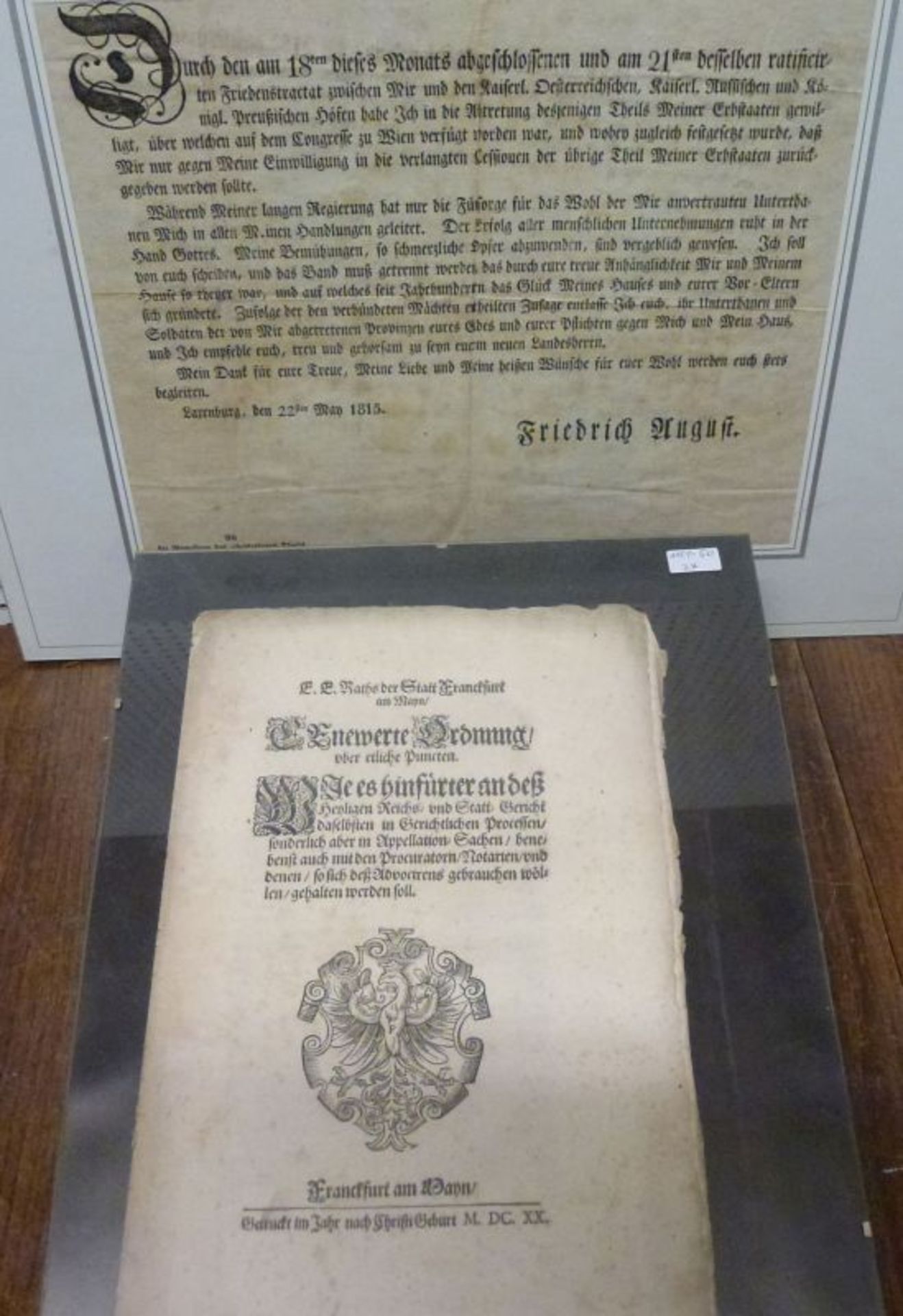 2 Bekanntmachungen, Frankfurt/M. 1620, Larenburg 1815Text-Stiche die Gerichtsbarkeit bzw. den Wiener