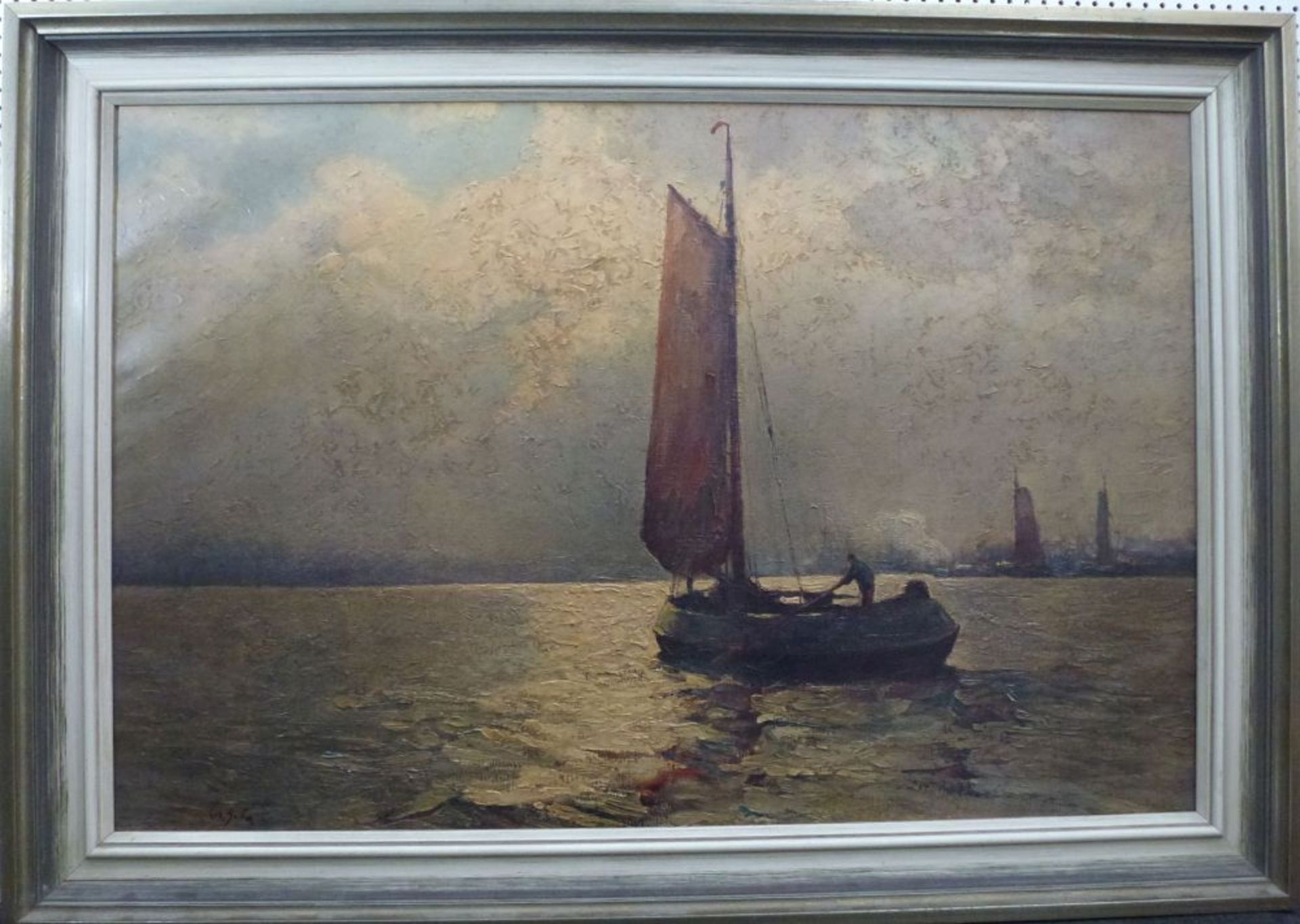 "Ewer im Morgenlicht"Rudolf Anton Guba, 1884 - 1950Öl/LW, sign., rs. bez., Kutter vor Hafen, 60x90 - Bild 2 aus 5