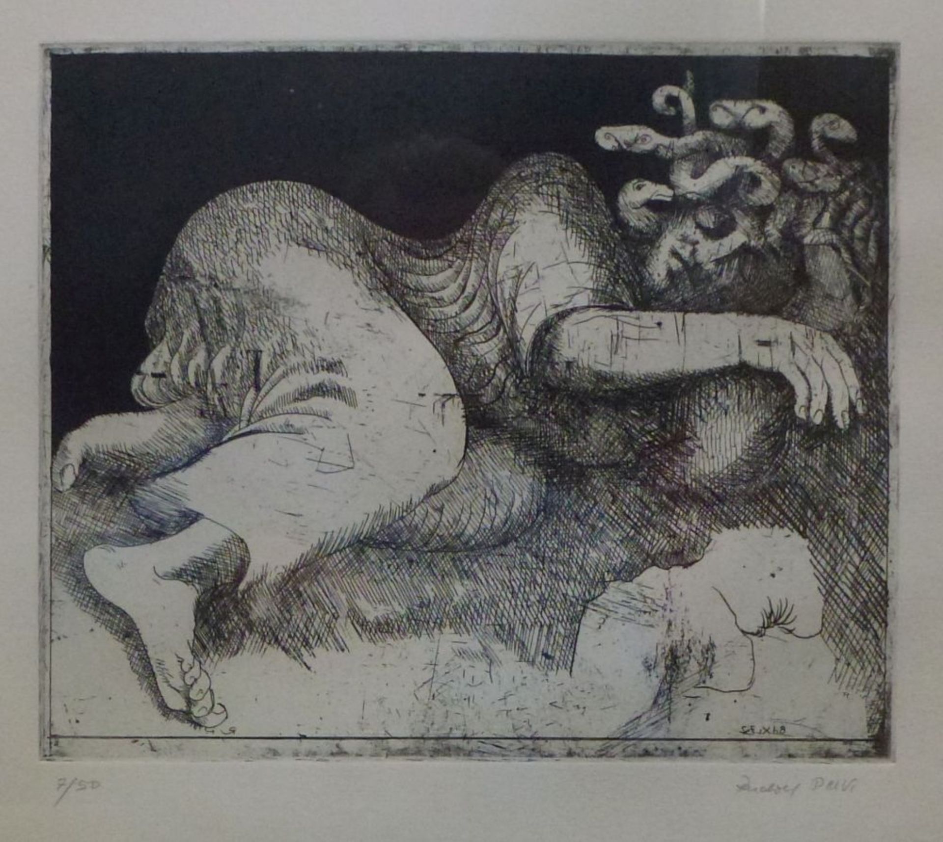 Schlafende MedusaRudolf PeerRadierung, Bleistiftsign., 7/50, Blatt gleichm. min. gebräunt, 21x25 cm