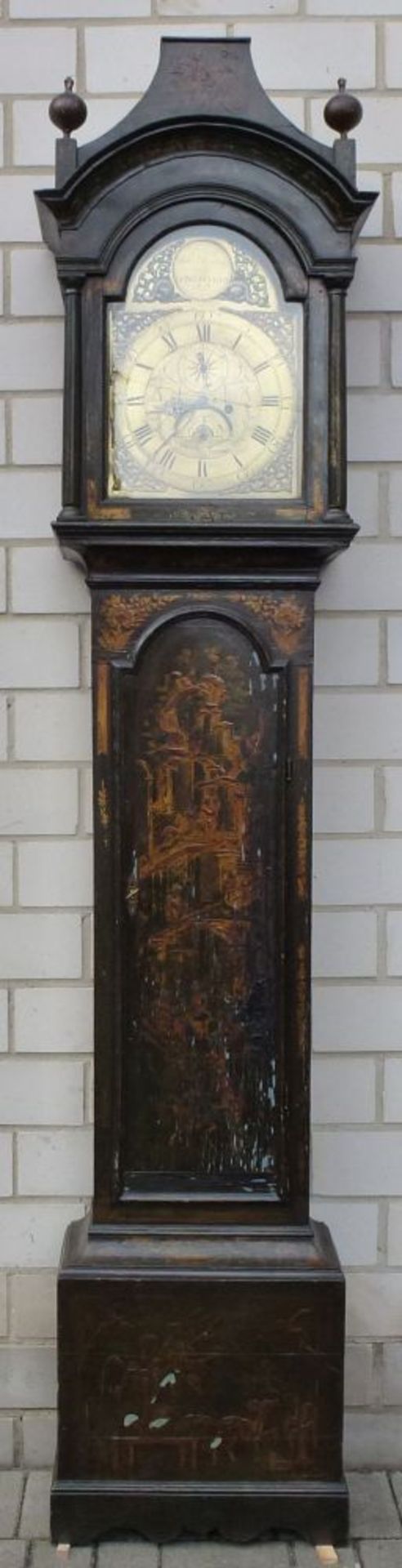 Englische Standuhr, um 1720, John Bunting, Long BuckbyEiche, schwarz lackiert, Chinoiserie-Dekor