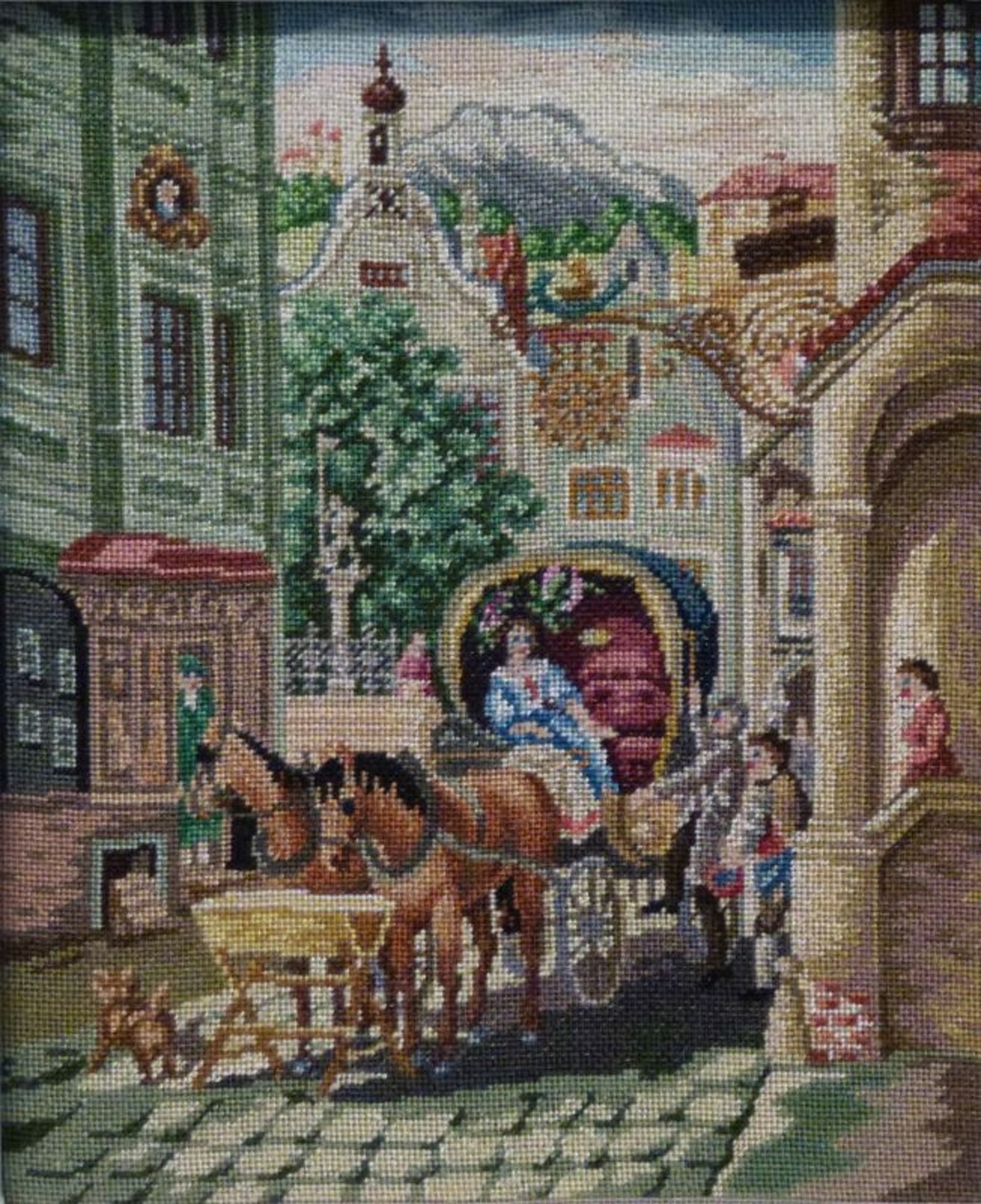 Petit-Point-Stickbild ''Hochzeitskutsche'', Maria Stransky, Wiennach Moritz v. Schwind, in Gasse zw.