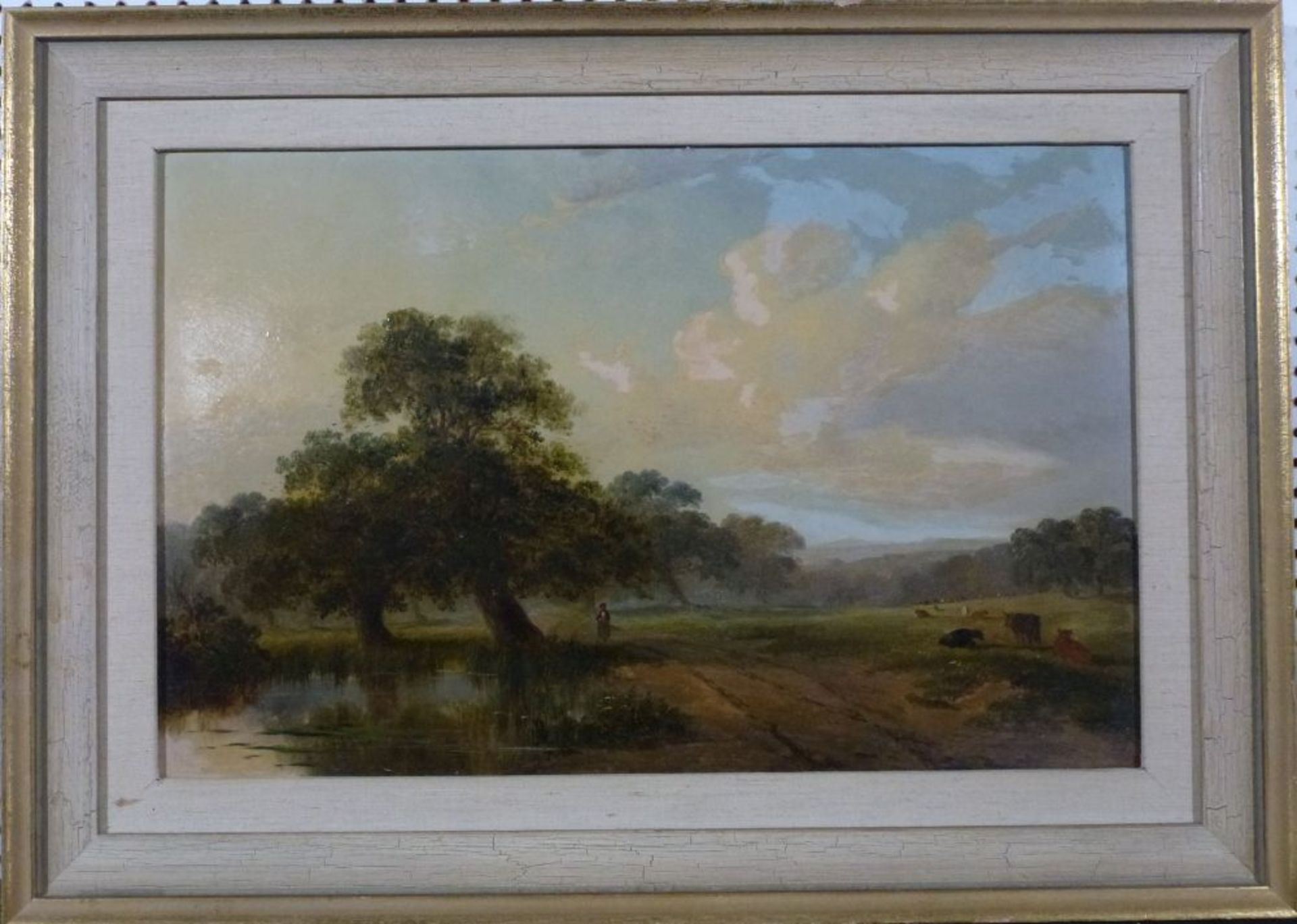 englische LandschaftThomas Creswick, 1811 - 1869Öl/Holz, sign., weite Landschaft m. Kühen u. Magd, - Bild 2 aus 4