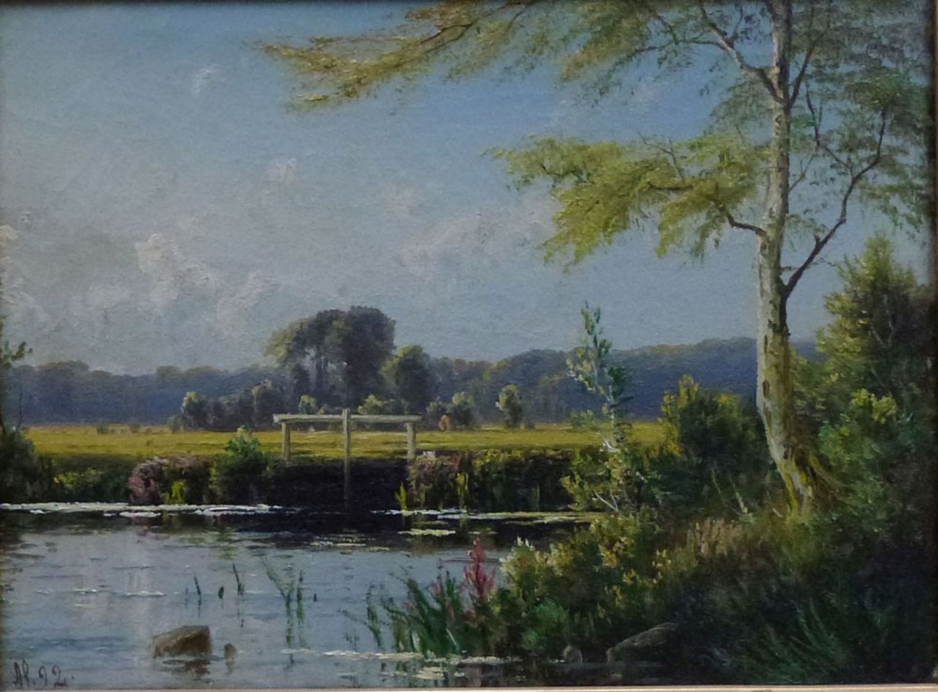 Niederrheinlandschaft, um 1900Öl/Lw, monogr. Al. 92, Altwasser zw. Wiesen u. Wald, GR, 24x31cm