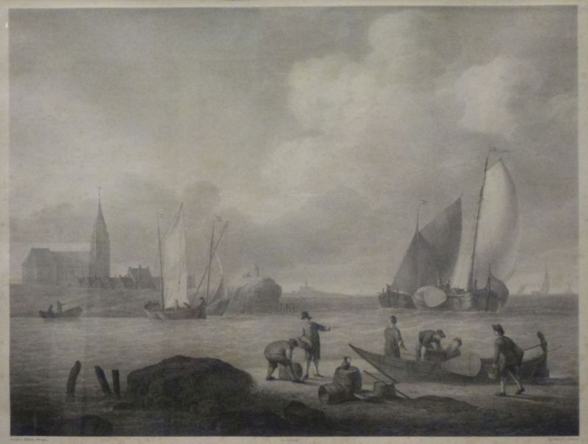 Lithographie, Mitte 19.Jh, HollandA. Borum, Hafenarbeiter beim Beladen eines Boots, Segelboote u.
