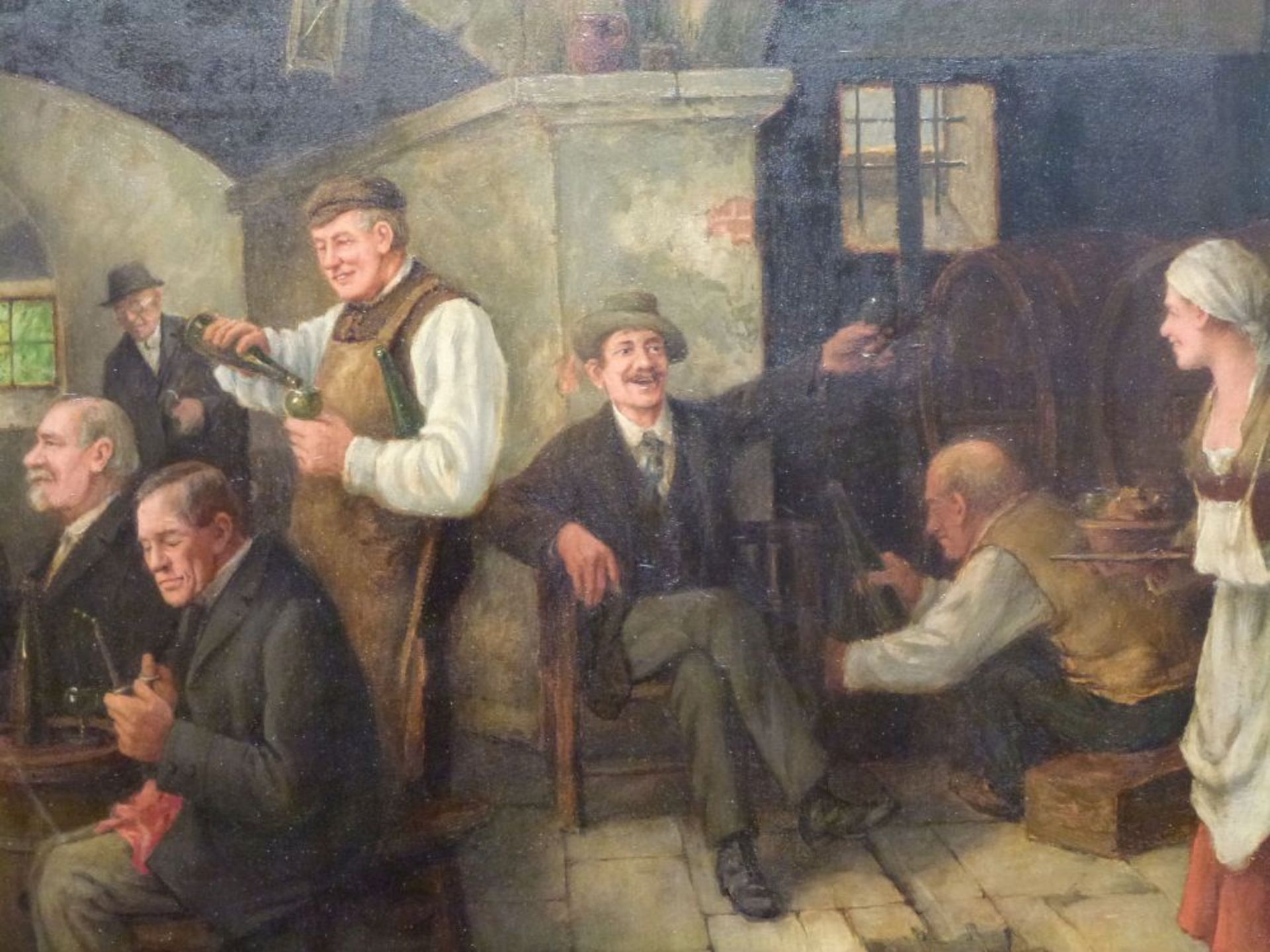 WirtshausszeneOtto Dinger, 1860 - 1928Öl/Platte, sign., Wirt und Magd mit Gästen in Gewölbekeller, - Bild 3 aus 4