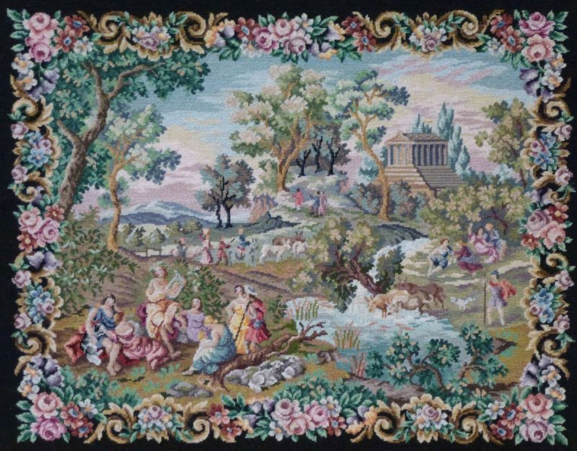 Petit-Point-Stickbild ''Apollo'' Maria Stransky, Wienvielfig. Genreszene in weiter Landschaft m.