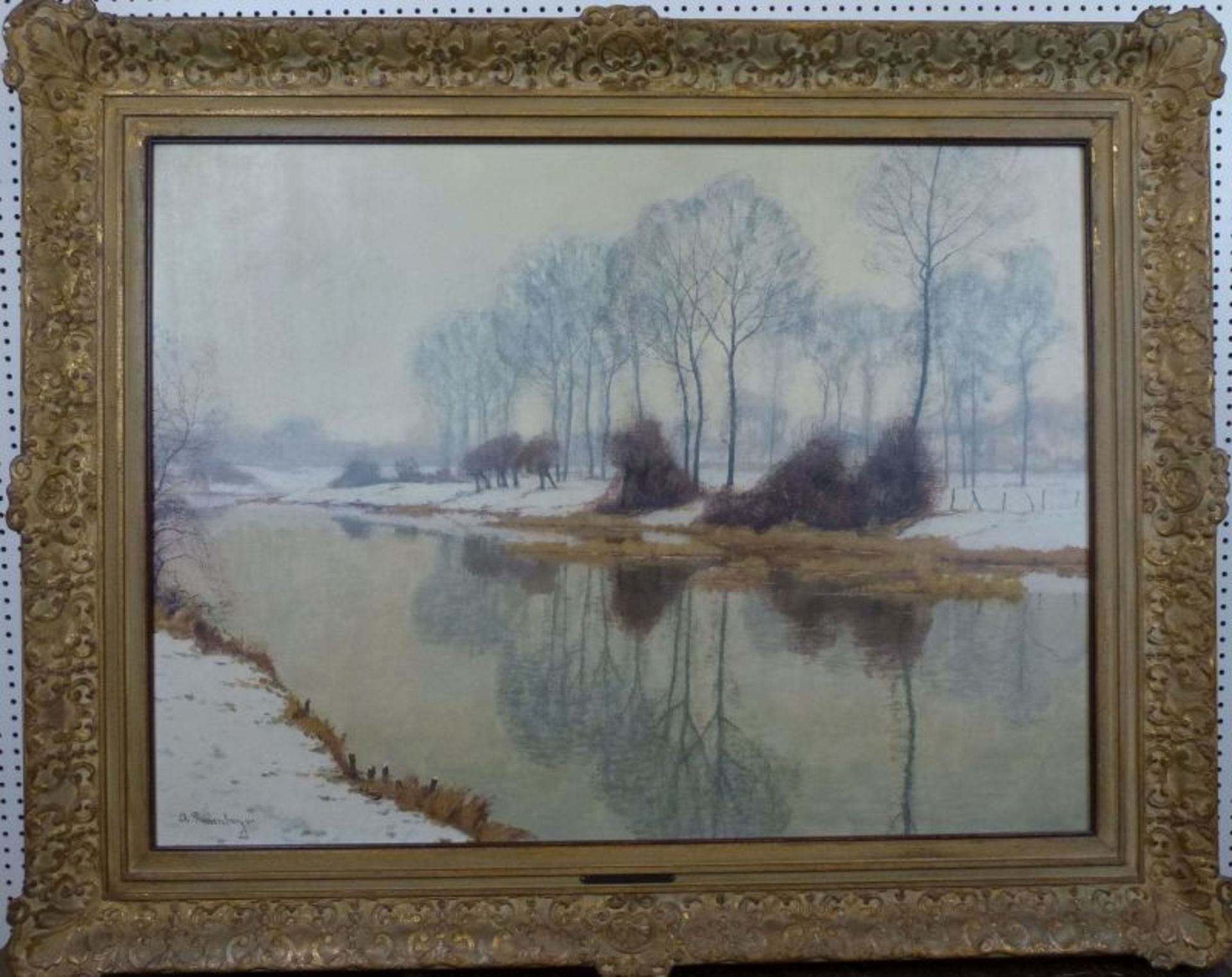 Winterliche AuenlandschaftAlfred Rasenberger, 1885 - 1949Öl/Lw, sign., trüber Wintertag an Flussaue, - Bild 2 aus 3