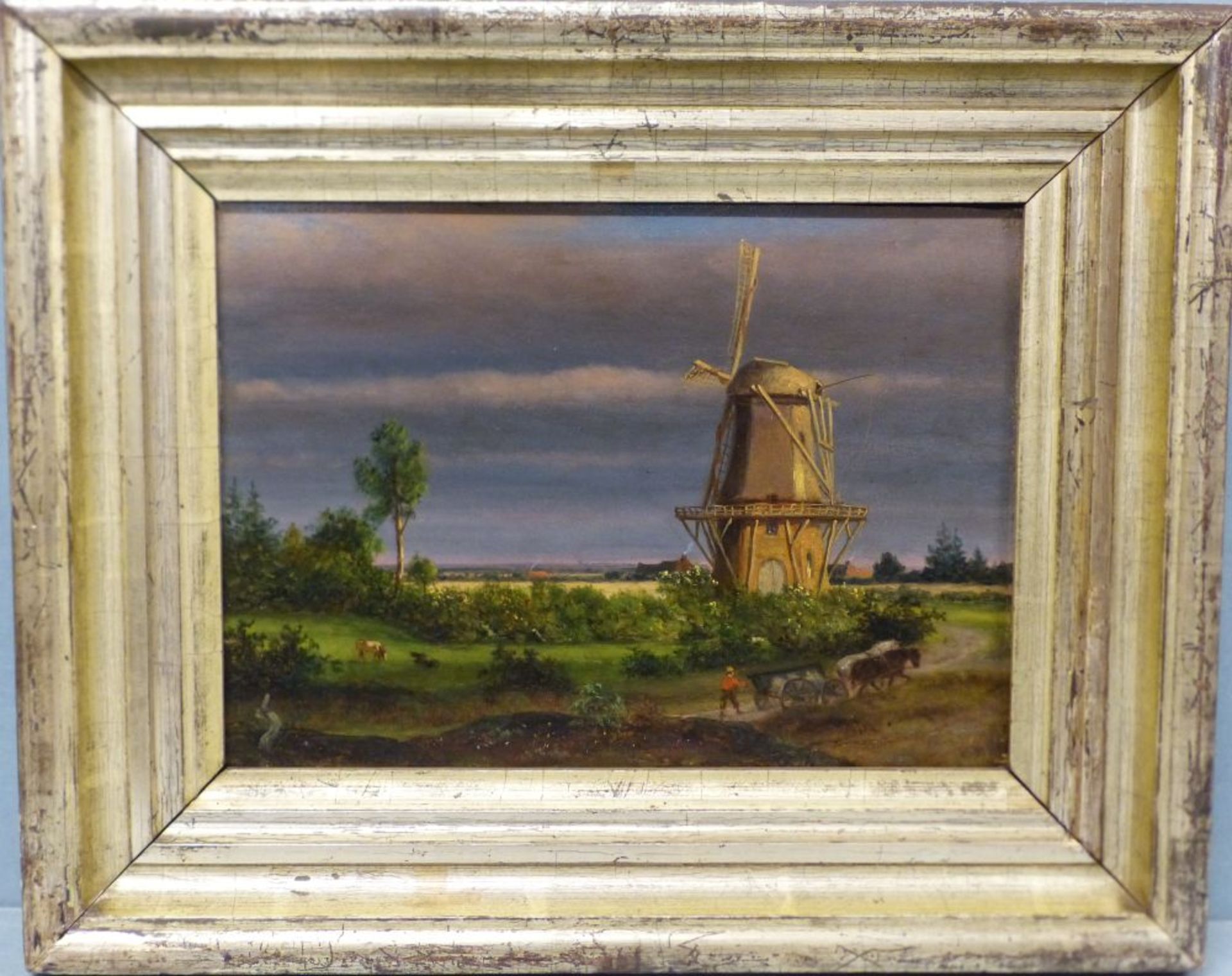 Windmühleniederländisch, 1886(?) Öl/Holztafel, undeutl. sign. u. dat., Bauer m. Pferdekarren vor - Bild 2 aus 4