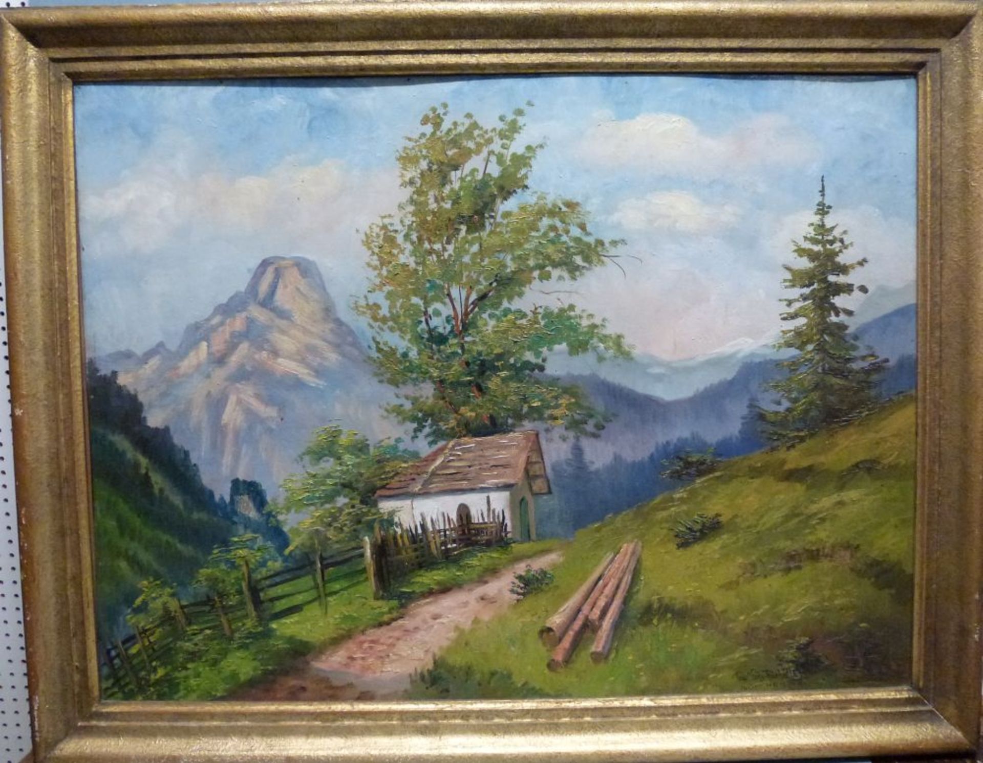 ''Kapelle im Kaisertal''Paul Götz-Räcknitz, 1873- 1952Kapelle im Spätsommer vor Hochalpen, GR, 60x80 - Bild 2 aus 3