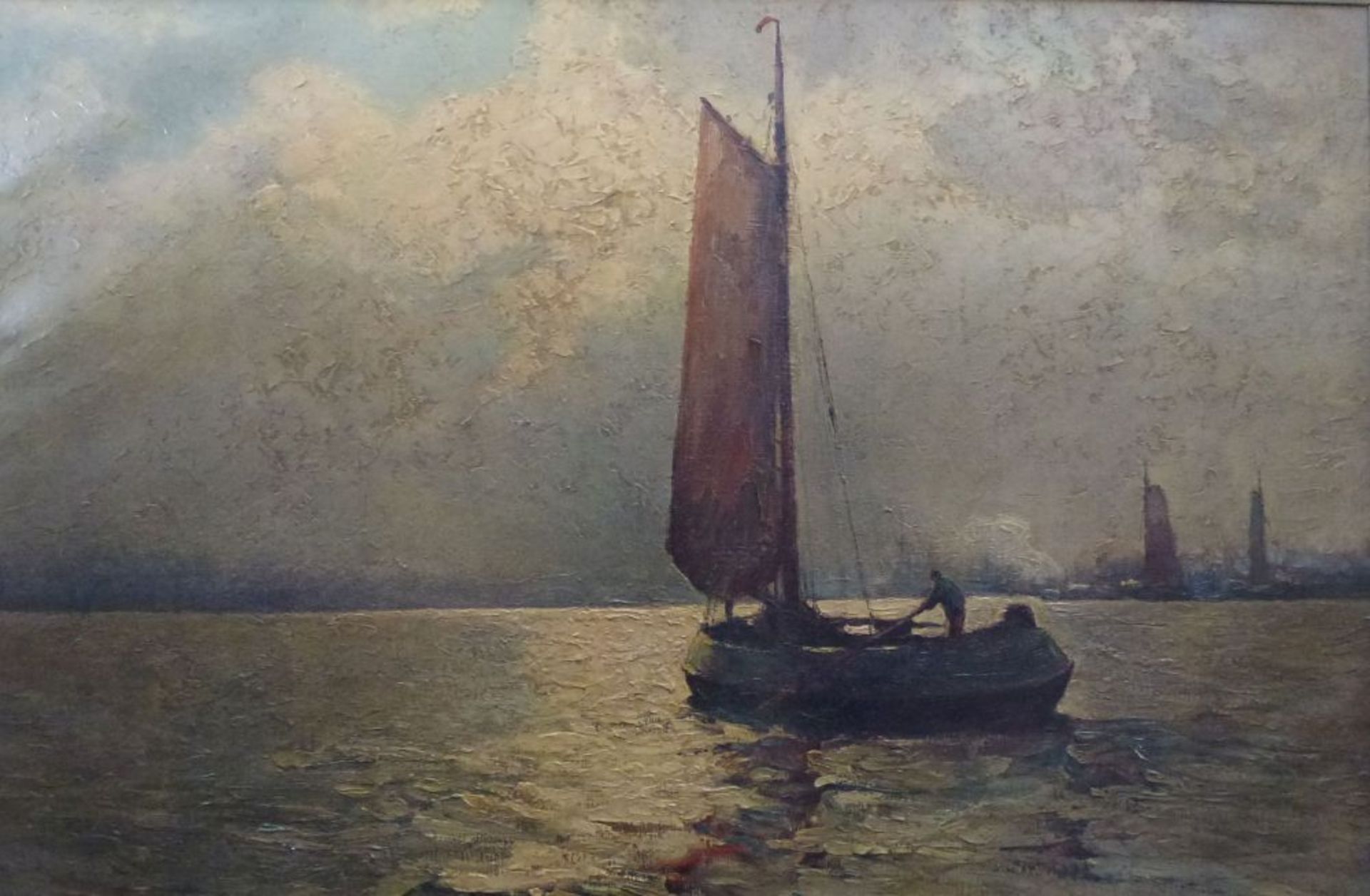 "Ewer im Morgenlicht"Rudolf Anton Guba, 1884 - 1950Öl/LW, sign., rs. bez., Kutter vor Hafen, 60x90