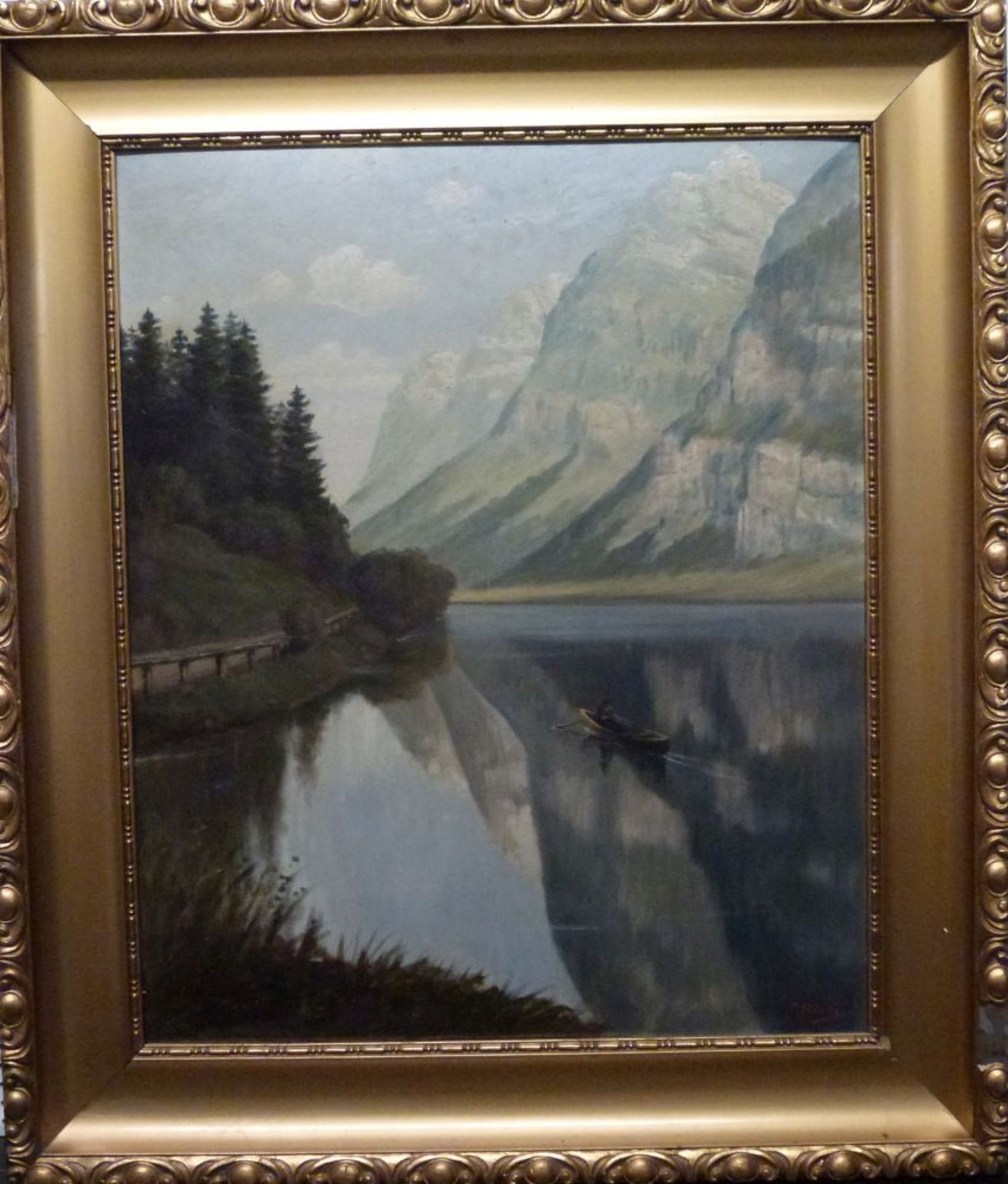 Gebirgssee, C. BuschÖl/Platte, See m. Ruderer zwischen hohen Bergen, GR, 66x54 cm, Sperrgutversand - Bild 2 aus 4