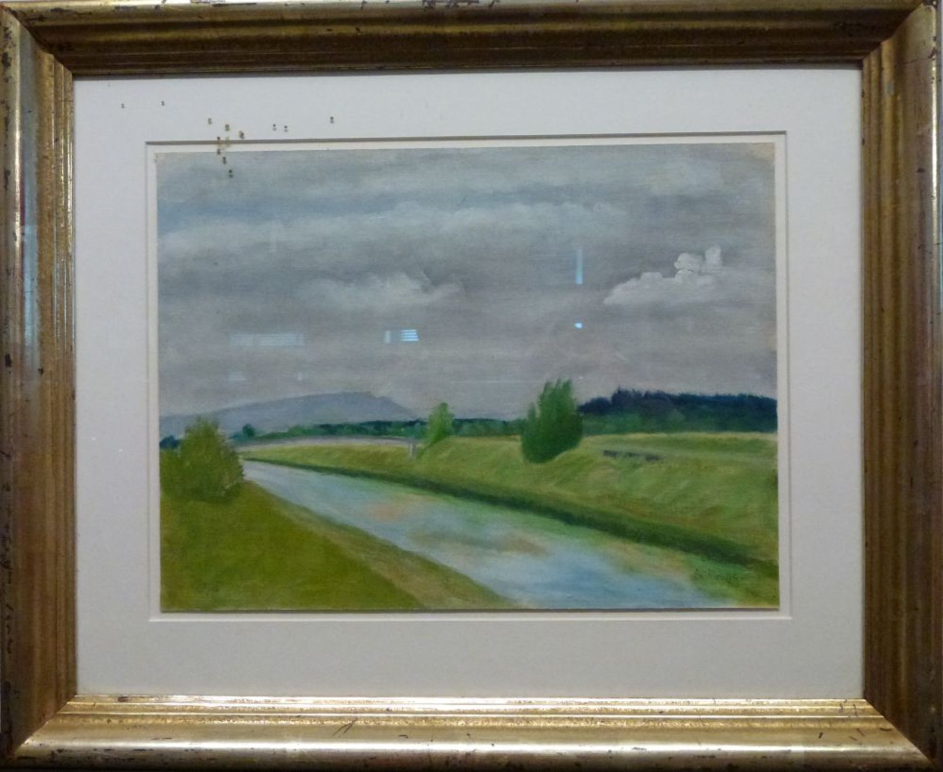 FlussÖl/Lw, sign. A Payge?, Fluss in Wiesenlandschaft, Berge im HG, GR., 24x32 cm - Bild 2 aus 3