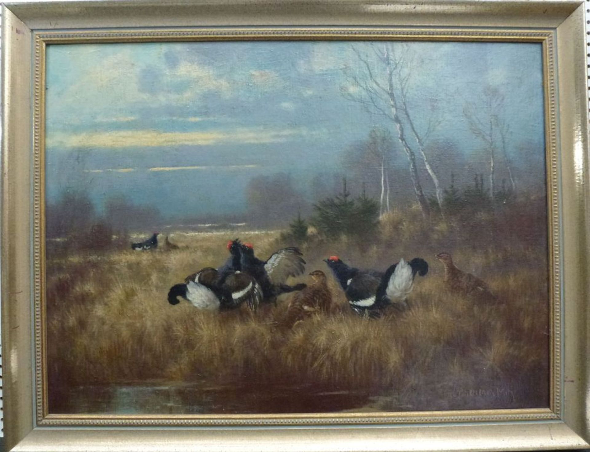 BalzOtto Scheuerer, 1862 - 1934Öl/LW, sign., rs. bez., Birkhähne u. -hennen auf Feld an Flussufer, - Bild 2 aus 3