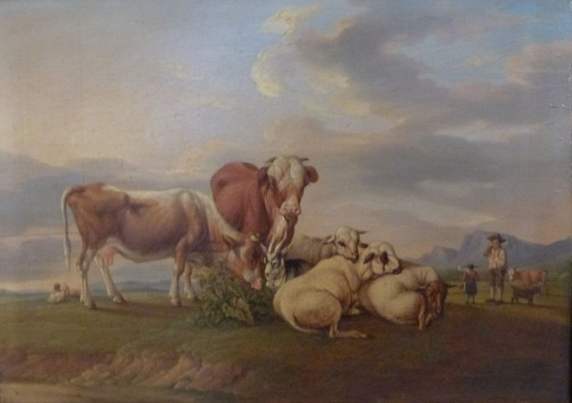 Auf der WeideGustav Jakob Canton, 1813-1885Öl/Eichenplatte, sign. G.Canton pinxit 1833, Kühe, Schafe