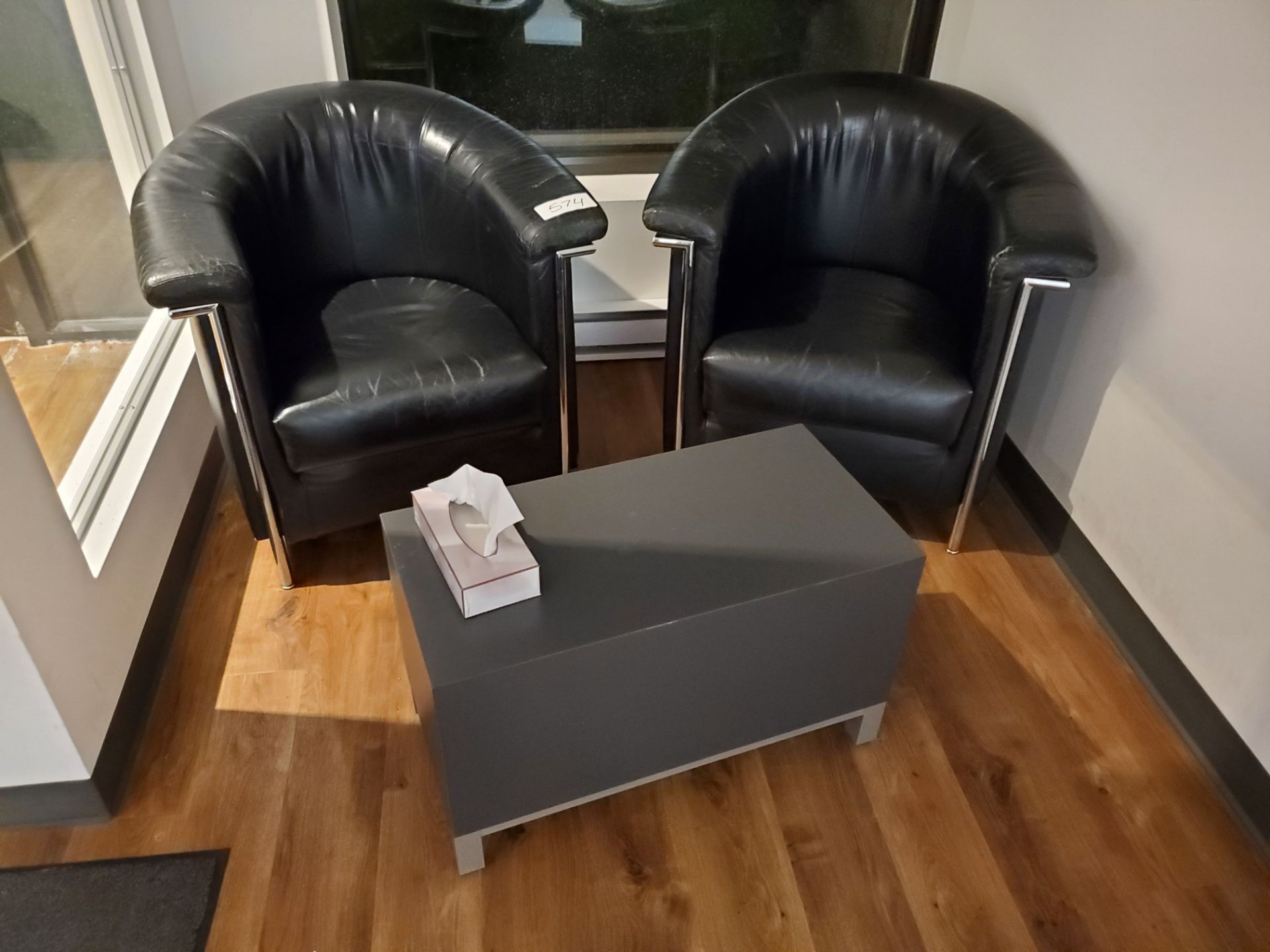 (2) Faux Leather Arm Chairs w/ Table