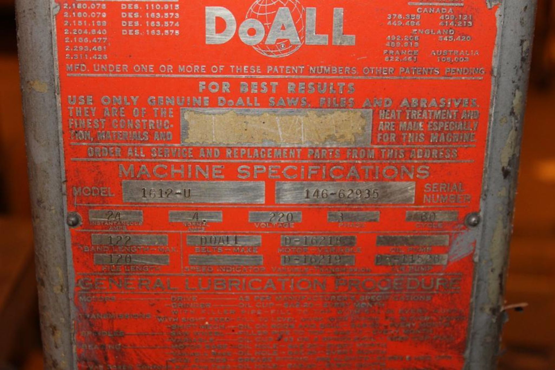 1969 DoALL Model 1612-U Vertical Band Saw - Image 5 of 5