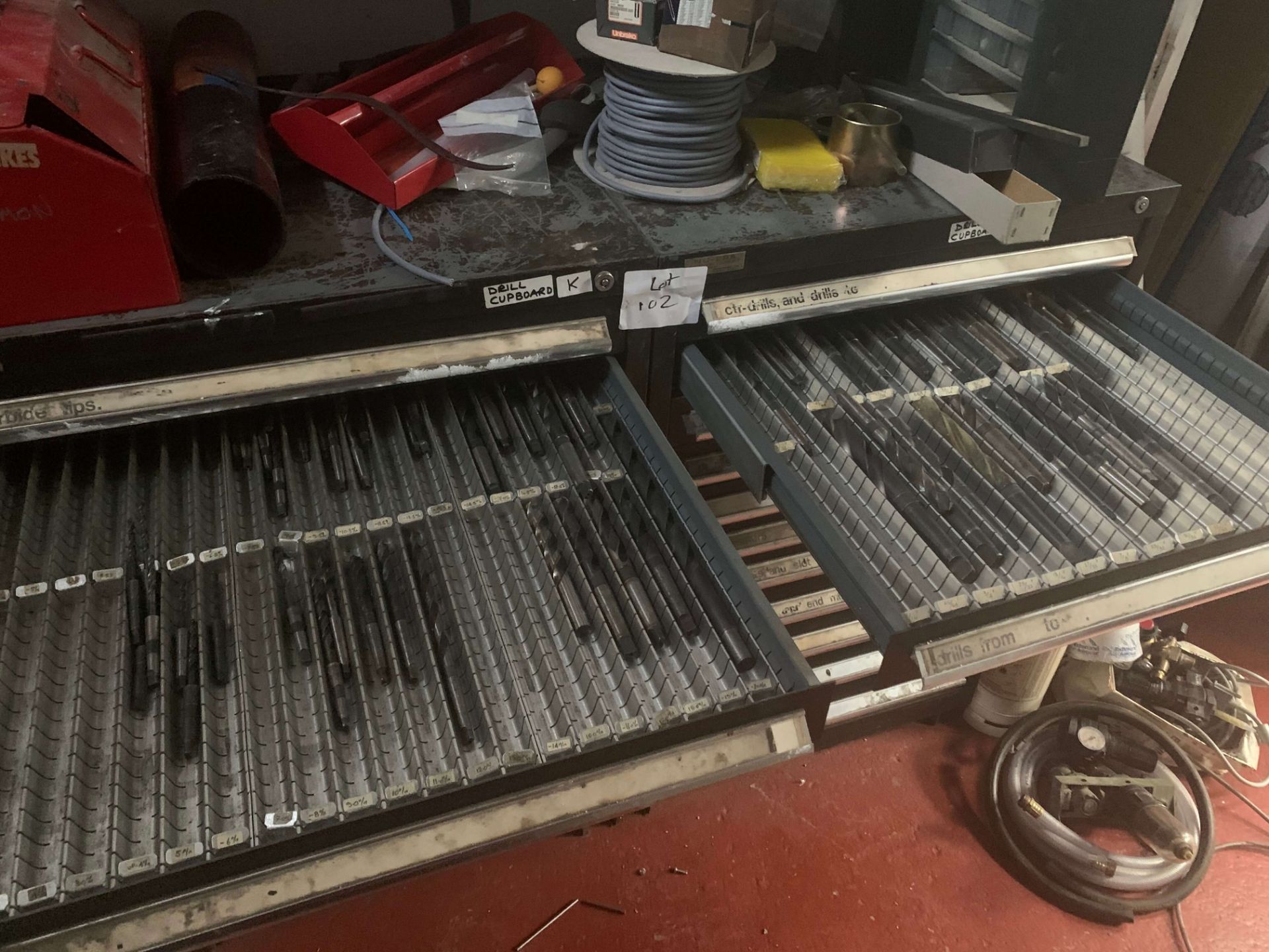 2 x 11 drawer CUPBOARDS and two SHELVES of stores including cables, drill bits, taps, screws, nuts - Image 3 of 11