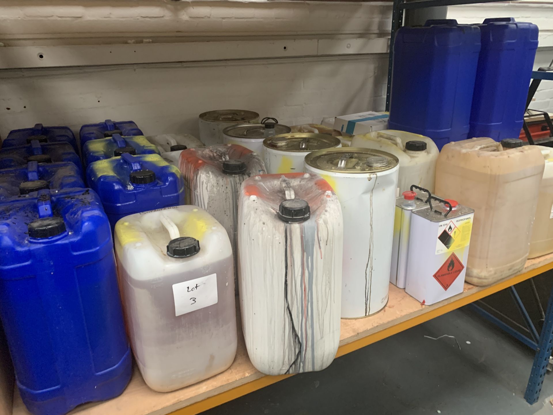 Two shelves of ASSORTED CHEMICALS to include machine cleaning oil, Poly Isotol mix, Eurofoam E002, - Image 2 of 2