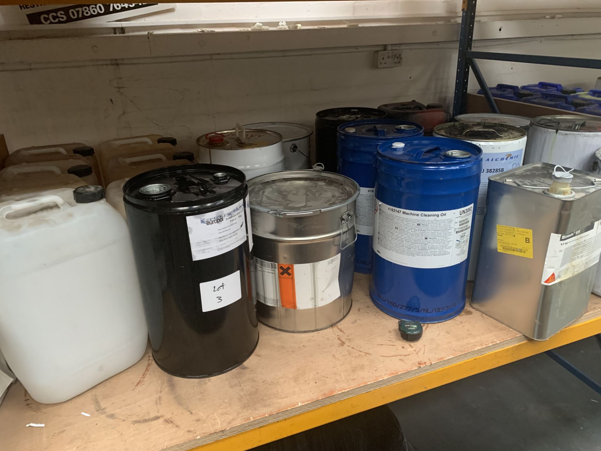 Two shelves of ASSORTED CHEMICALS to include machine cleaning oil, Poly Isotol mix, Eurofoam E002,