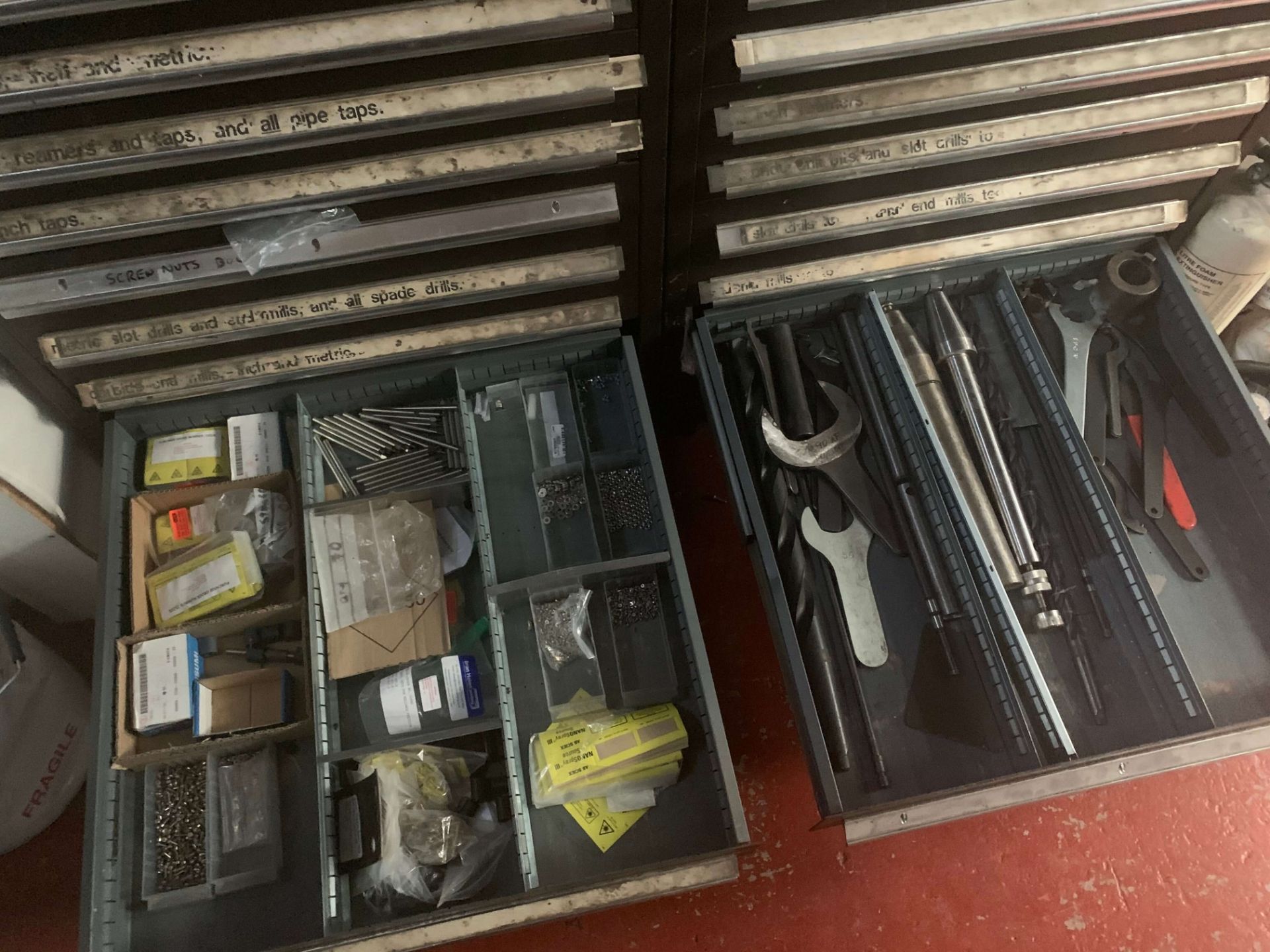 2 x 11 drawer CUPBOARDS and two SHELVES of stores including cables, drill bits, taps, screws, nuts - Image 11 of 11